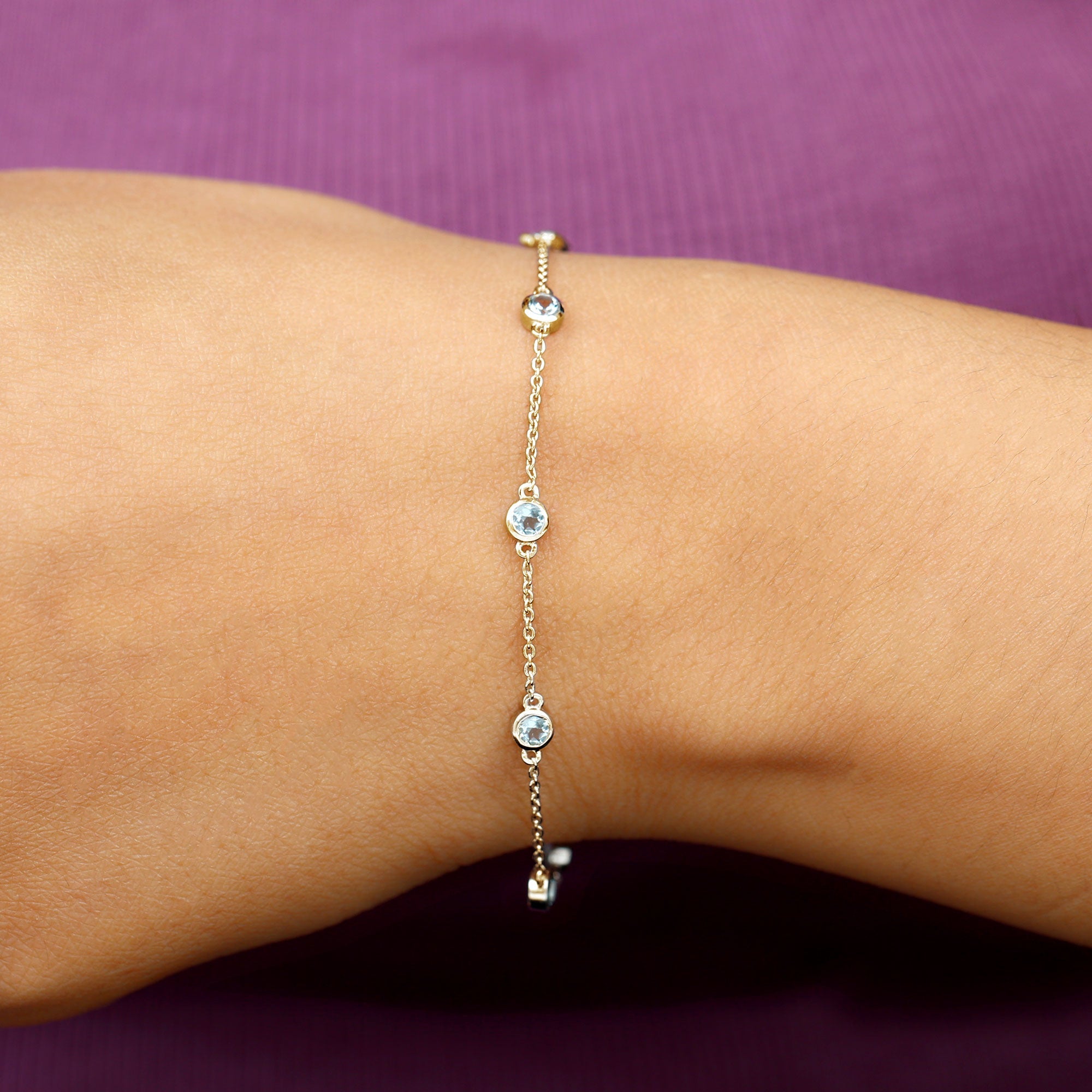 Bezel Set Aquamarine Station Bracelet for Women