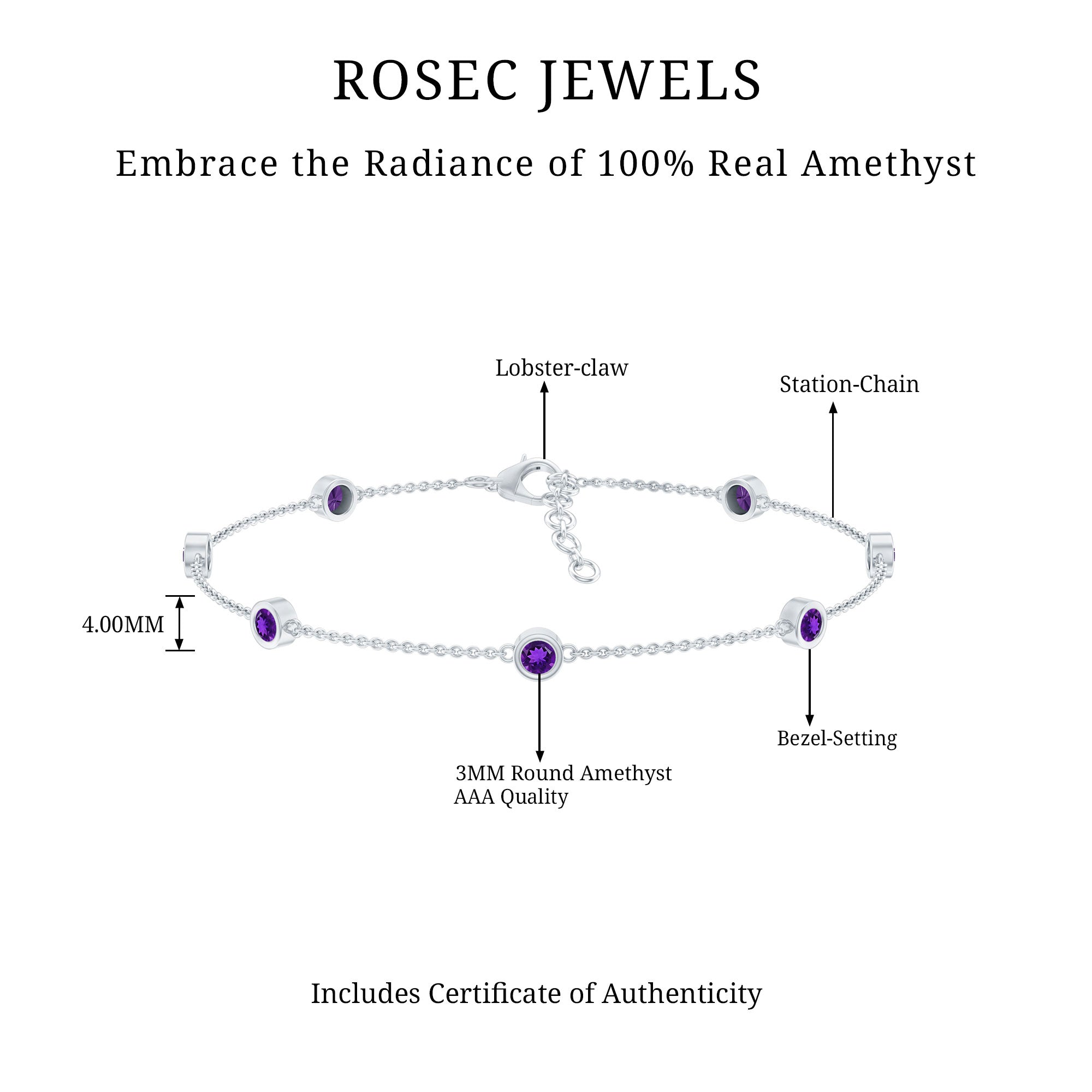 Real Amethyst Chain Bracelet in Bezel Setting