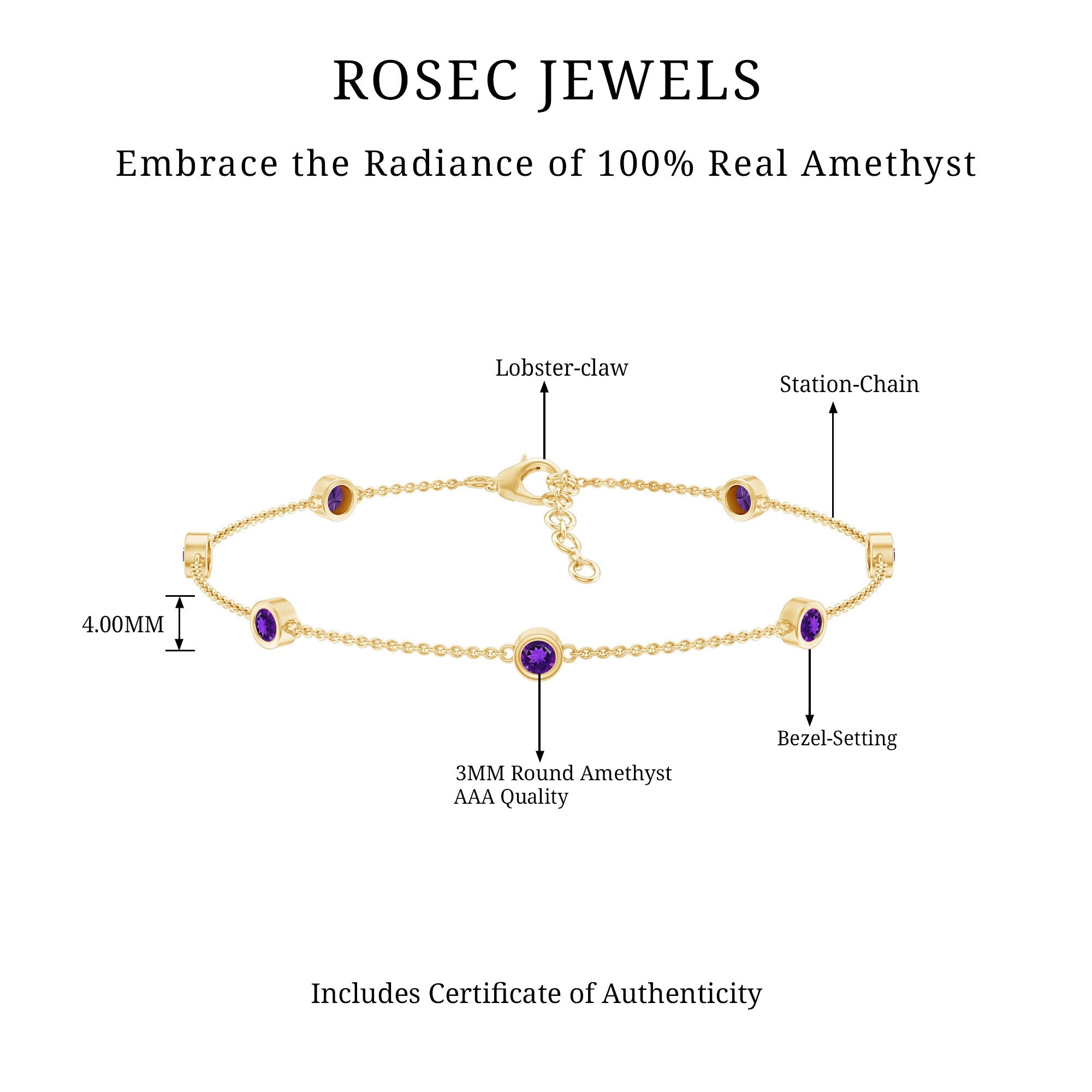 Real Amethyst Chain Bracelet in Bezel Setting