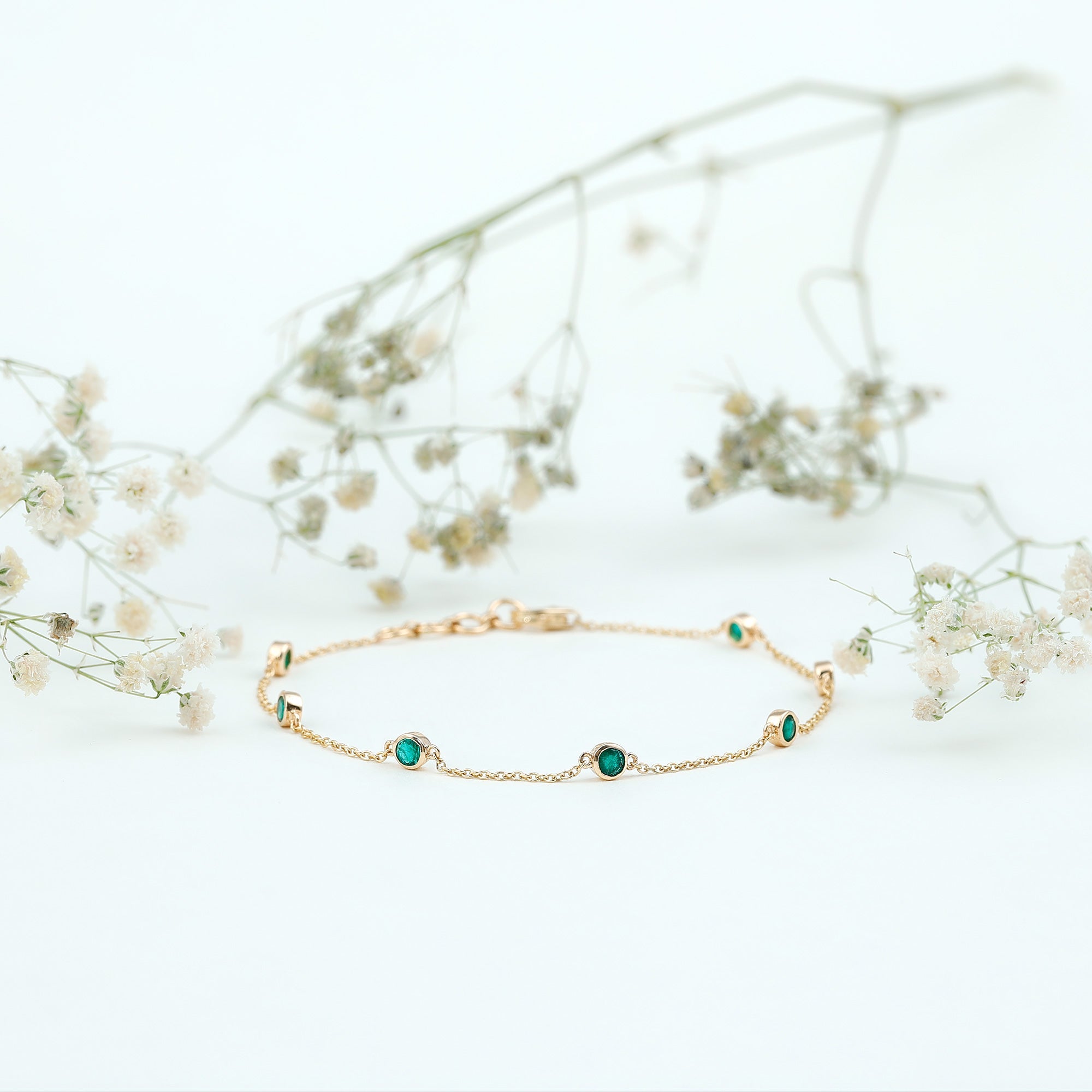 Bezel Set Emerald Station Chain Bracelet for Her