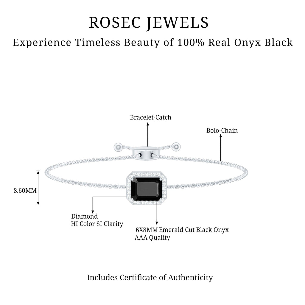 Natural 1.8 Carat Emerald Cut Black Onyx Bolo Bracelet with Diamond Halo