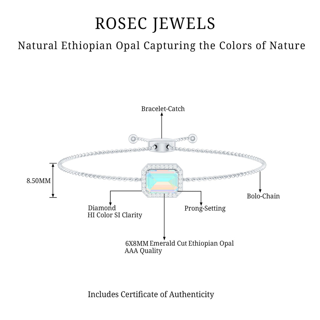 2 Carat Emerald Cut Ethiopian Opal and Diamond Bolo Chain Bracelet