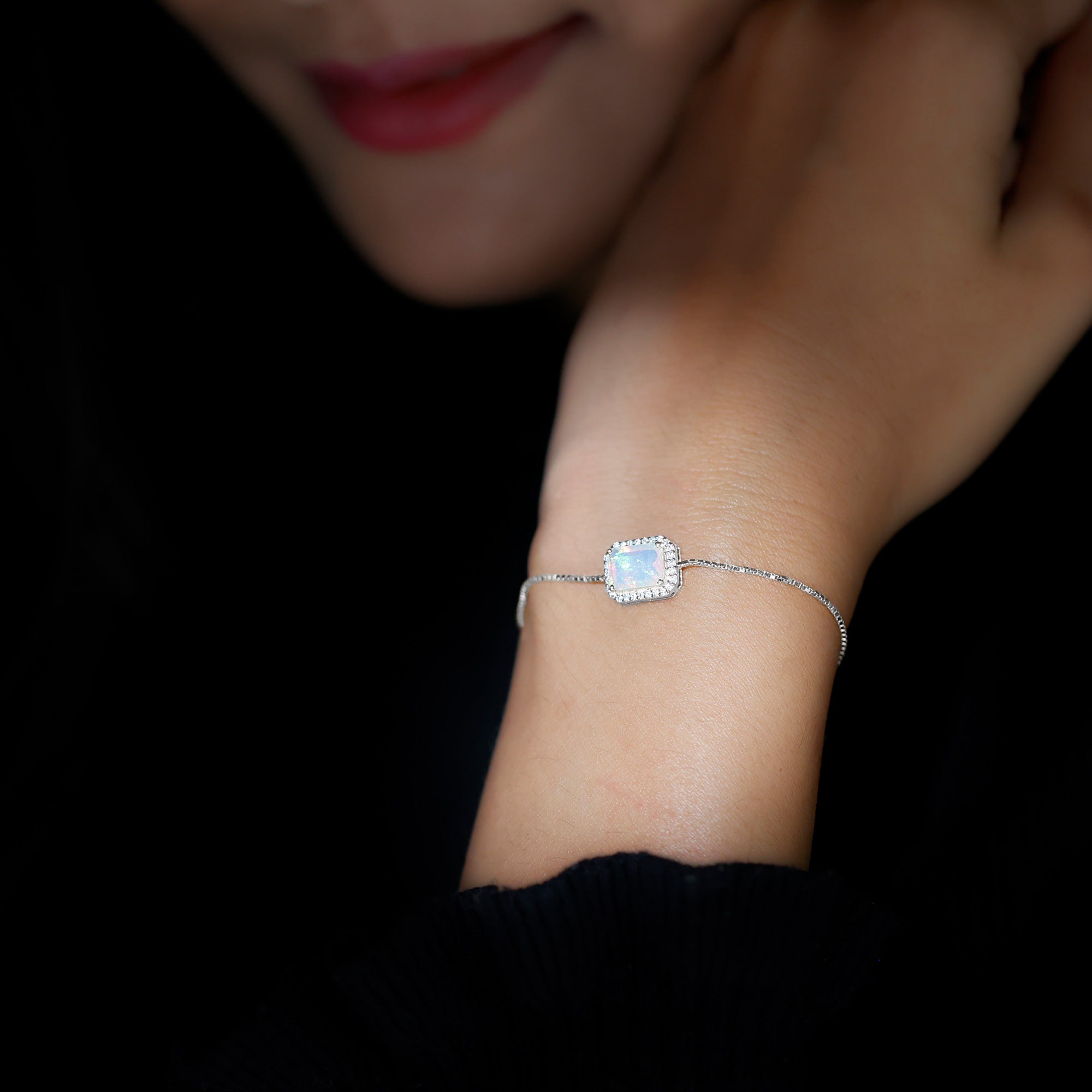 2 Carat Emerald Cut Ethiopian Opal and Diamond Bolo Chain Bracelet