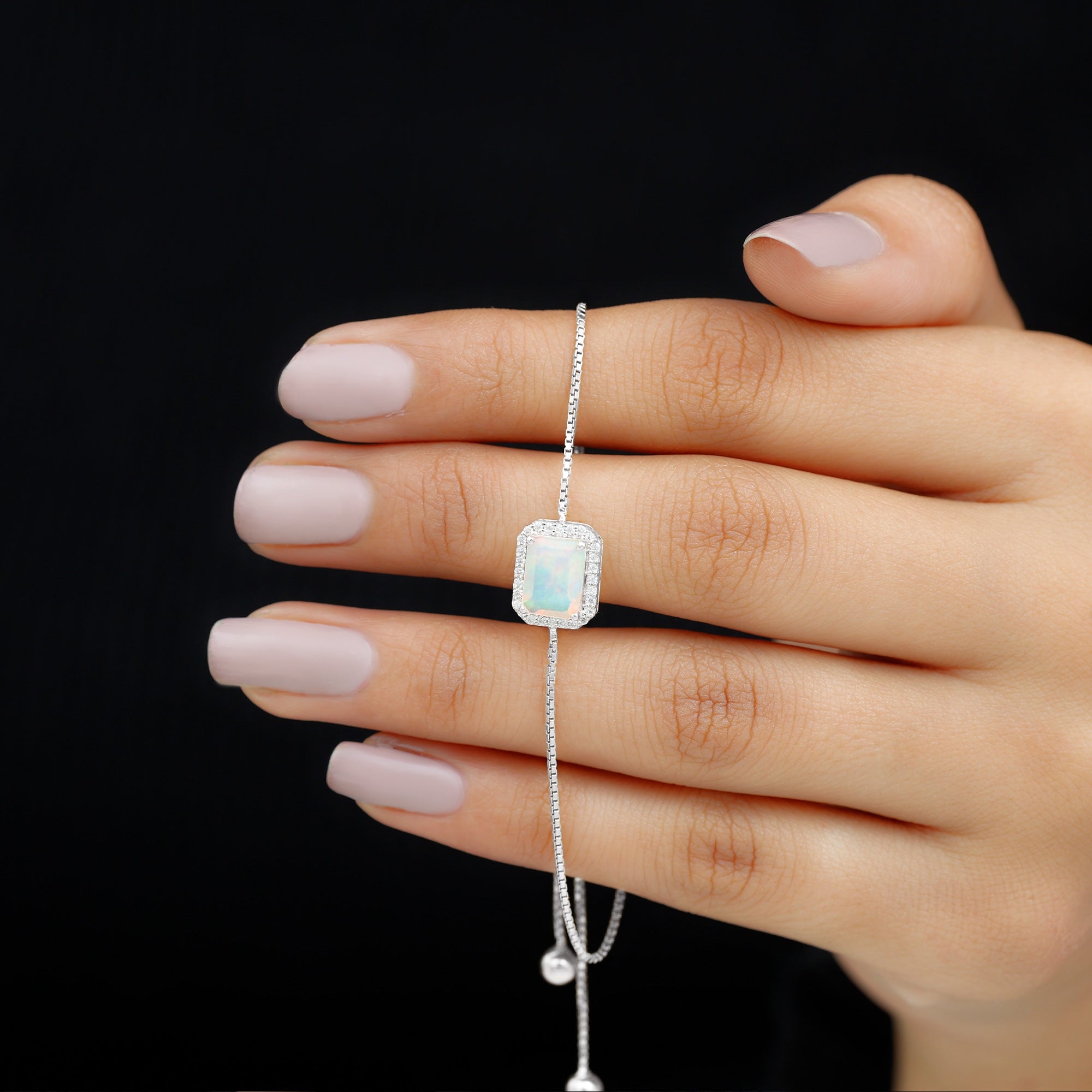 2 Carat Emerald Cut Ethiopian Opal and Diamond Bolo Chain Bracelet