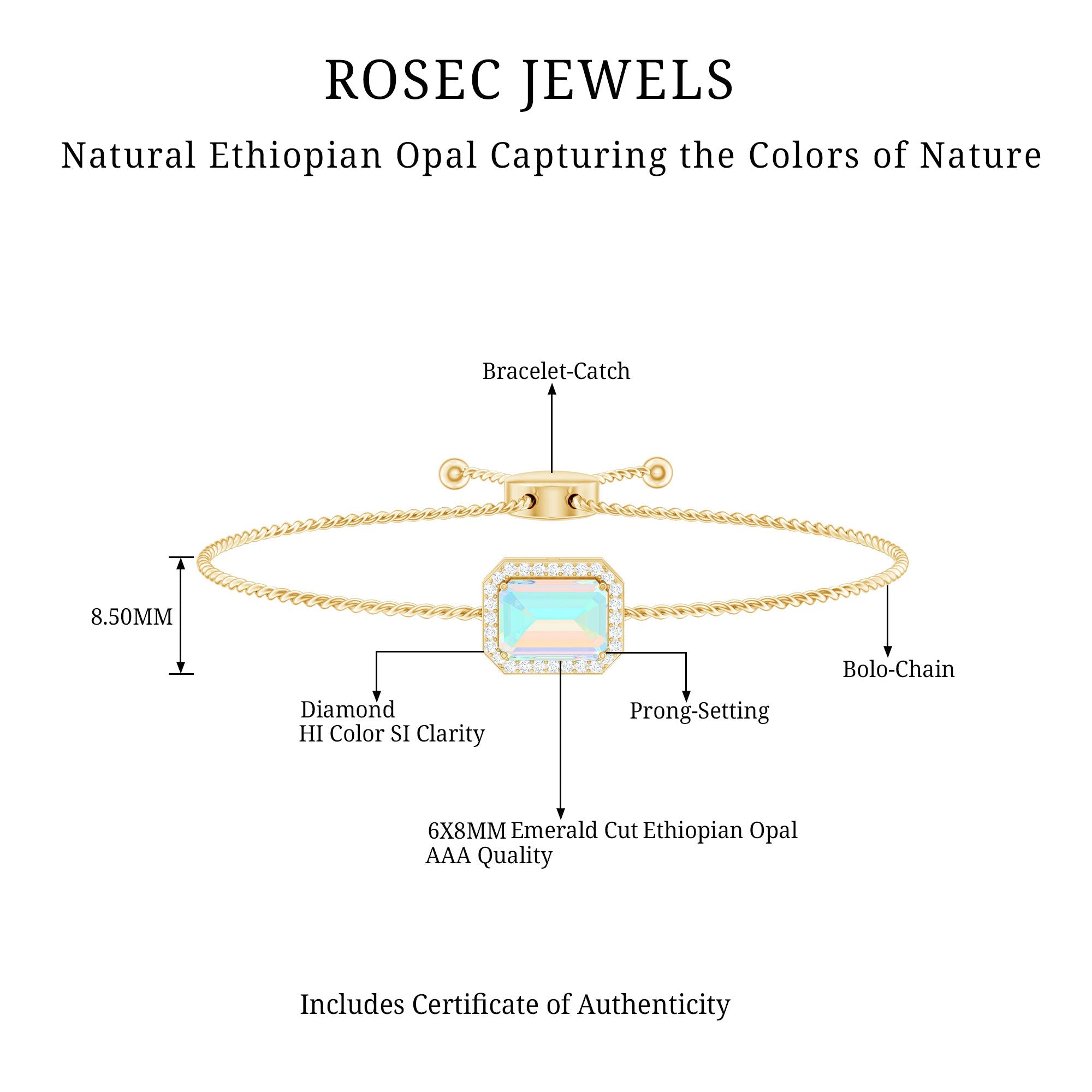 2 Carat Emerald Cut Ethiopian Opal and Diamond Bolo Chain Bracelet