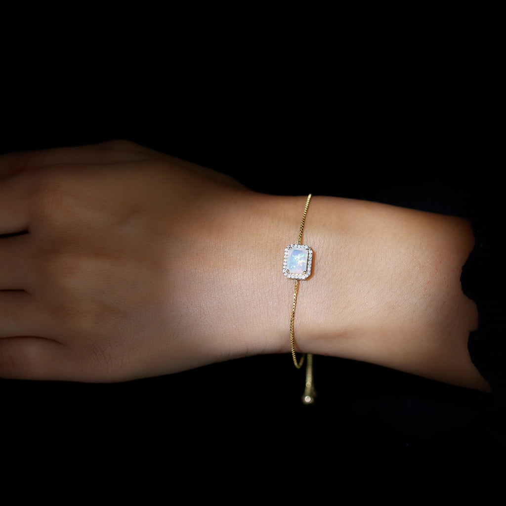 2 Carat Emerald Cut Ethiopian Opal and Diamond Bolo Chain Bracelet