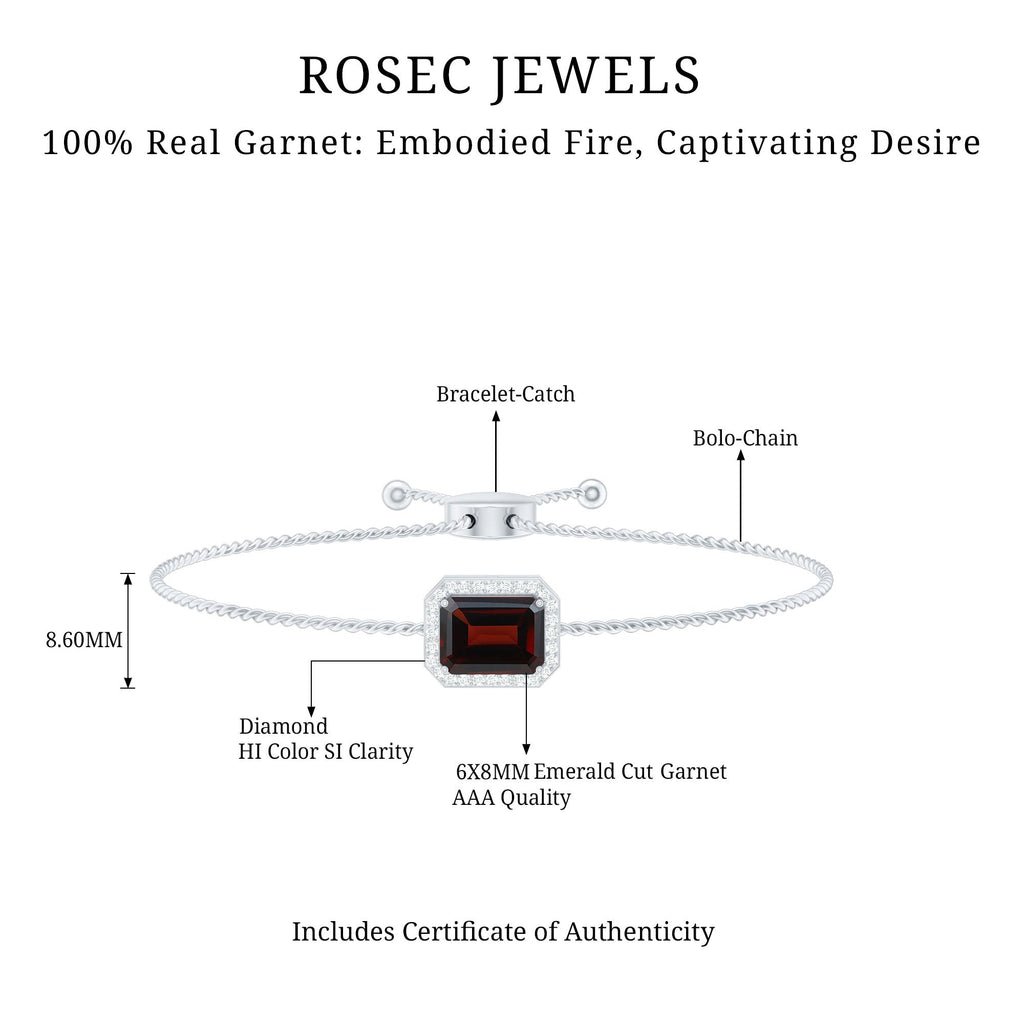 Real 2 Carat Emerald Cut Garnet Bolo Bracelet with Diamond Halo