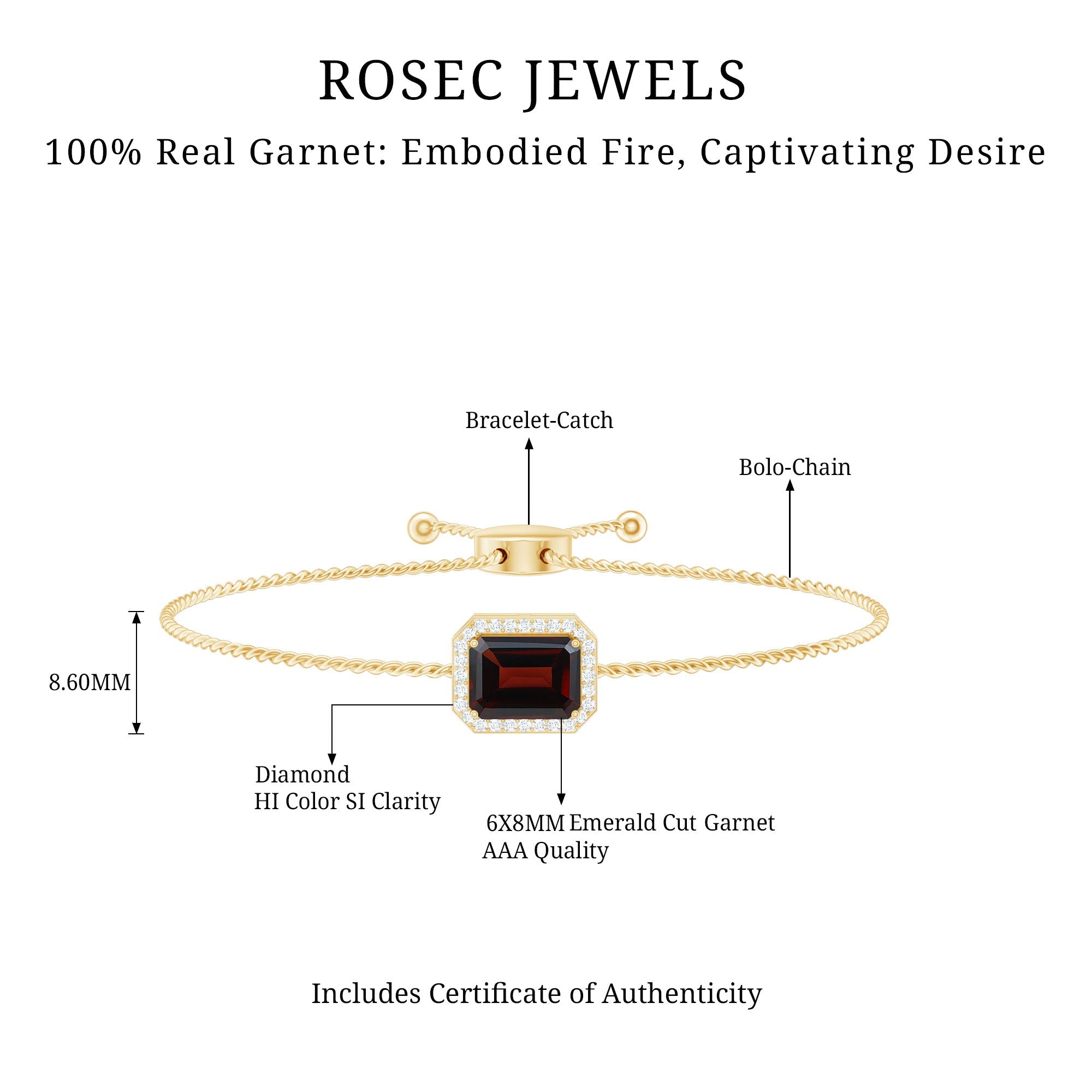 Real 2 Carat Emerald Cut Garnet Bolo Bracelet with Diamond Halo