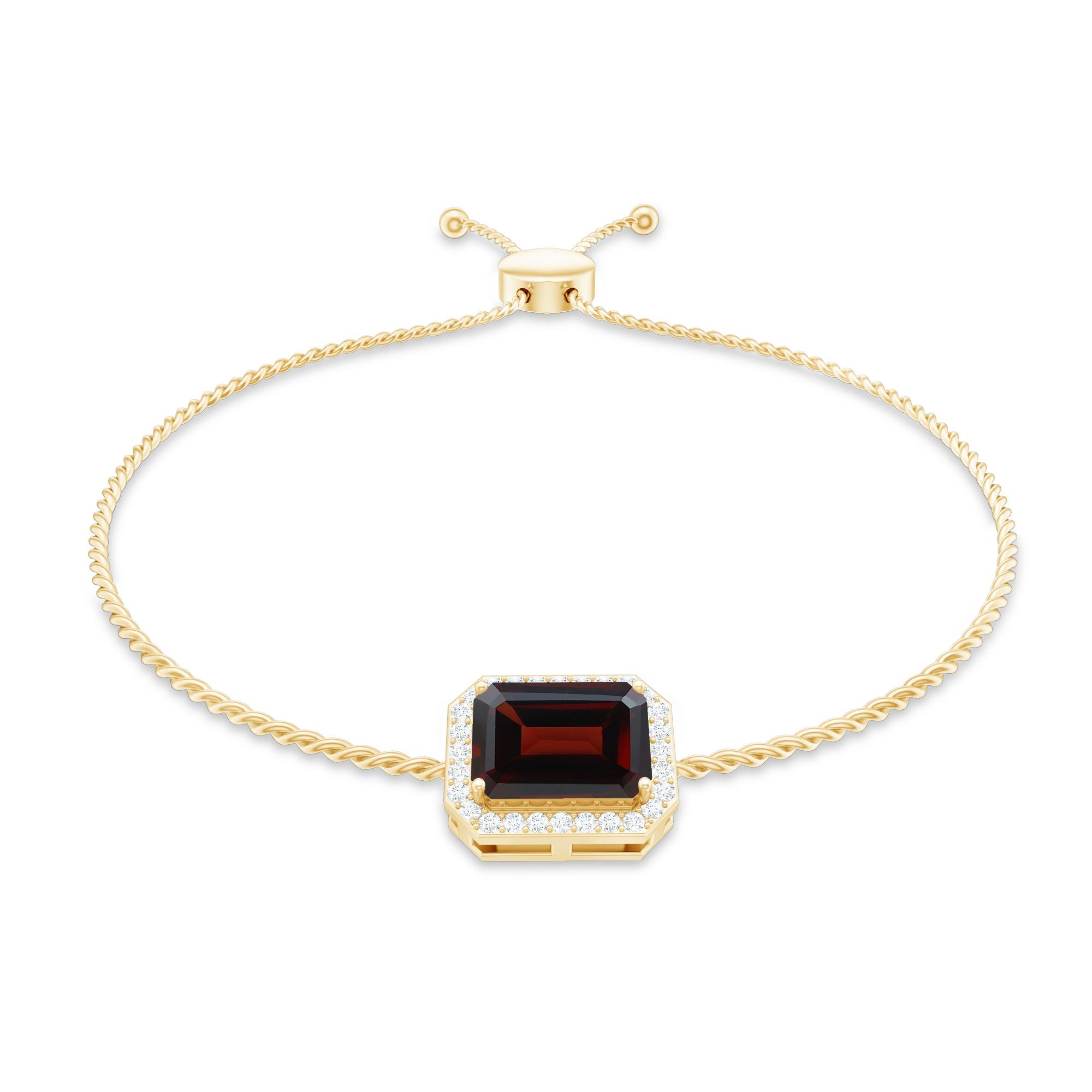 Real 2 Carat Emerald Cut Garnet Bolo Bracelet with Diamond Halo