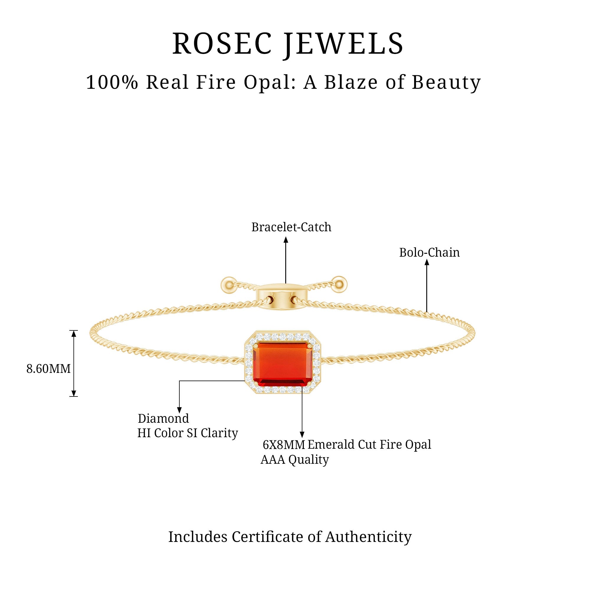 Real 1 Carat Emerald Cut Fire Opal Bolo Bracelet with Diamond Halo