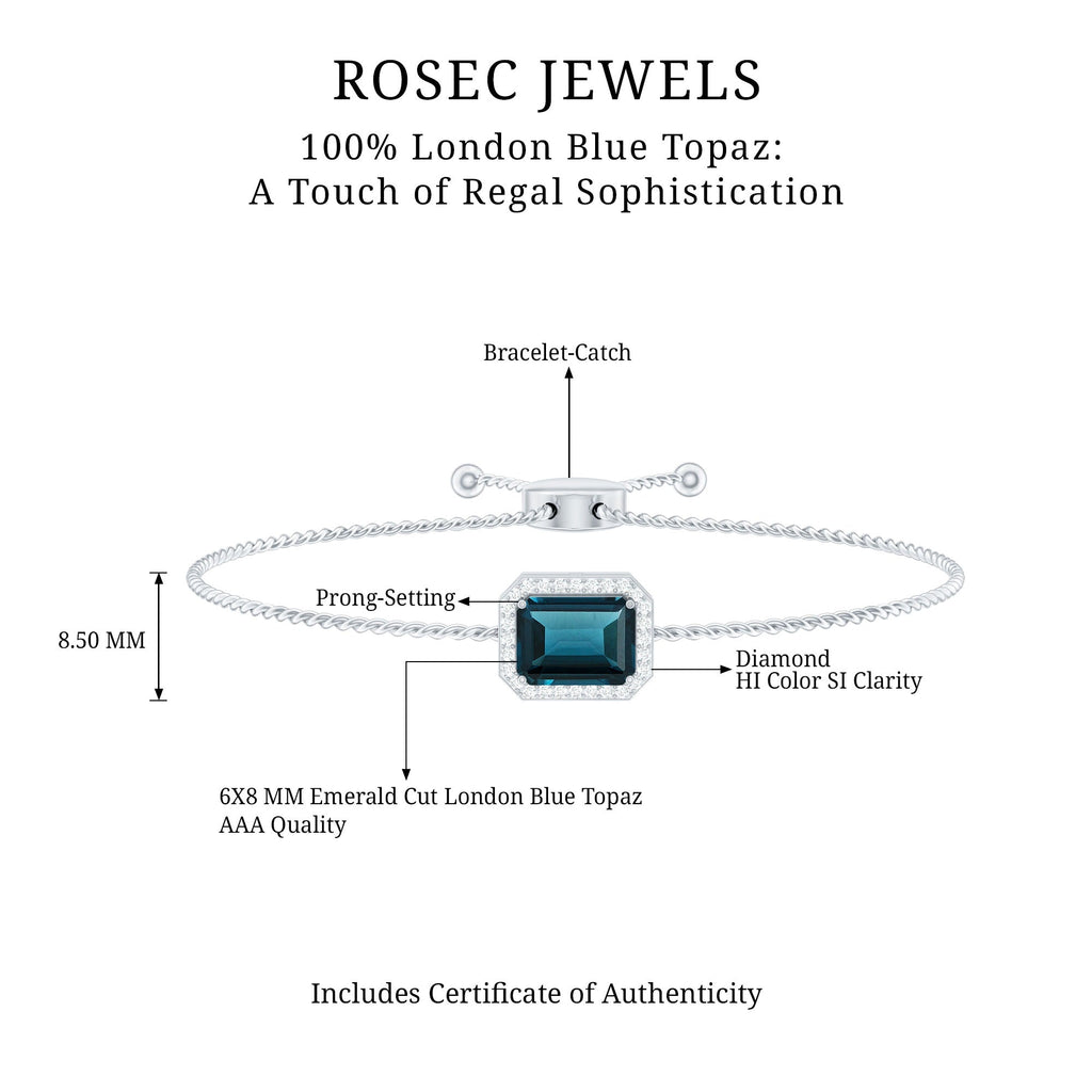 Emerald Cut London Blue Topaz and Diamond Bolo Chain Bracelet