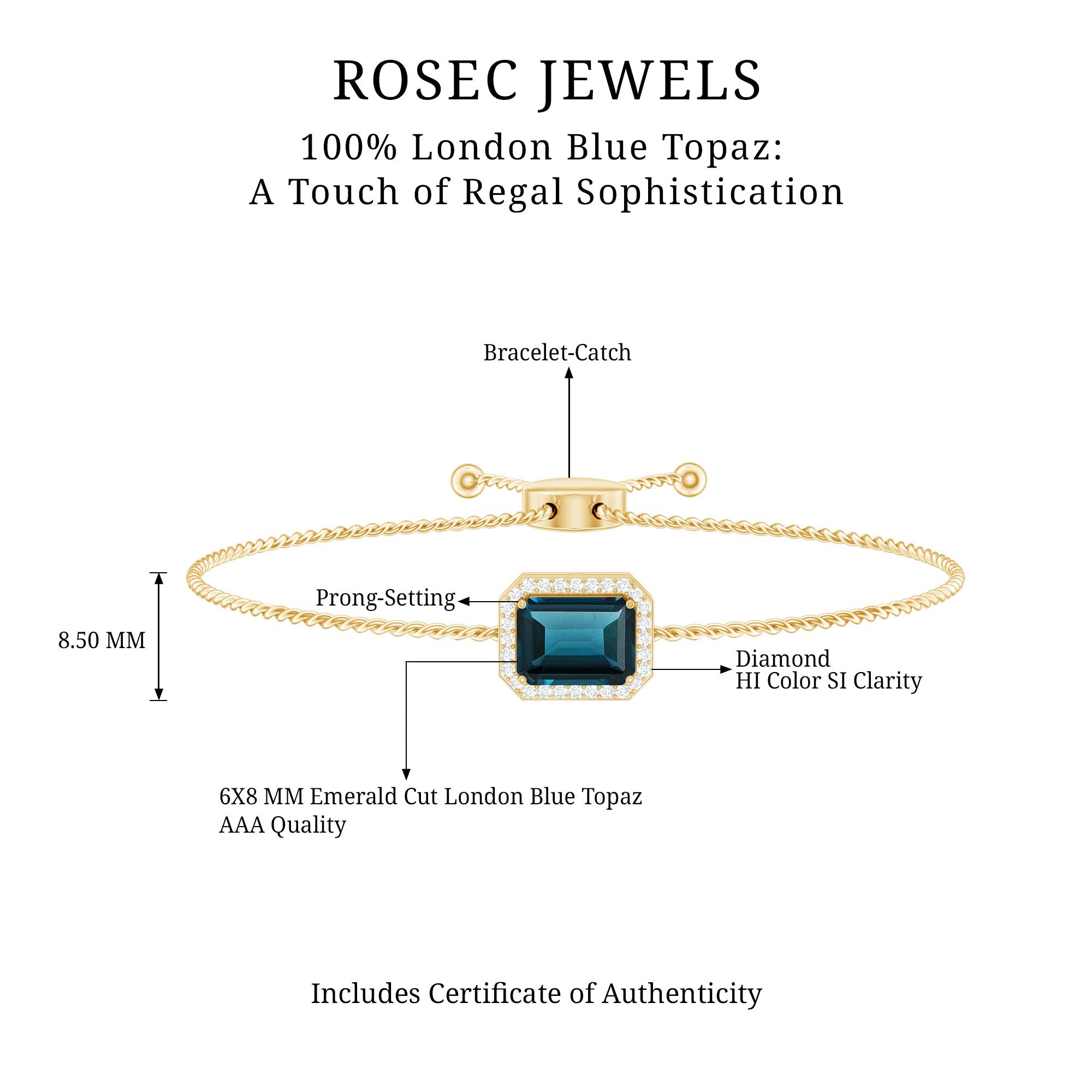 Emerald Cut London Blue Topaz and Diamond Bolo Chain Bracelet