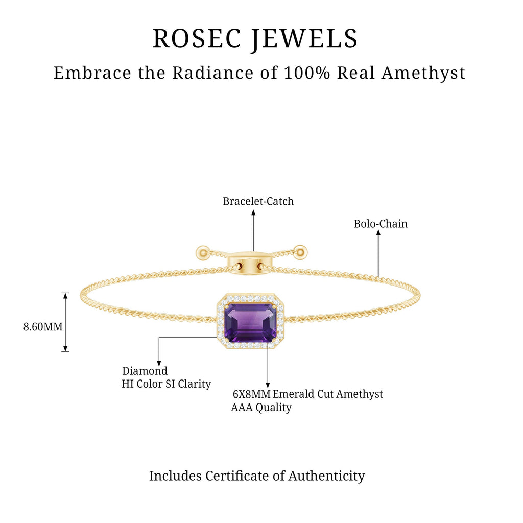 Natural 1.4 Carat Emerald Cut Amethyst Diamond Bolo Bracelet