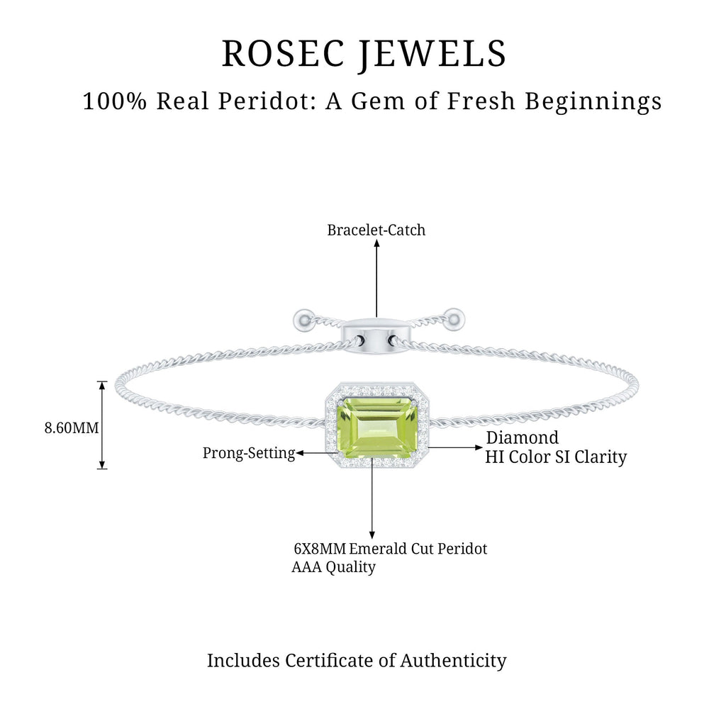 2 CT Emerald Cut Peridot and Diamond Bolo Chain Bracelet