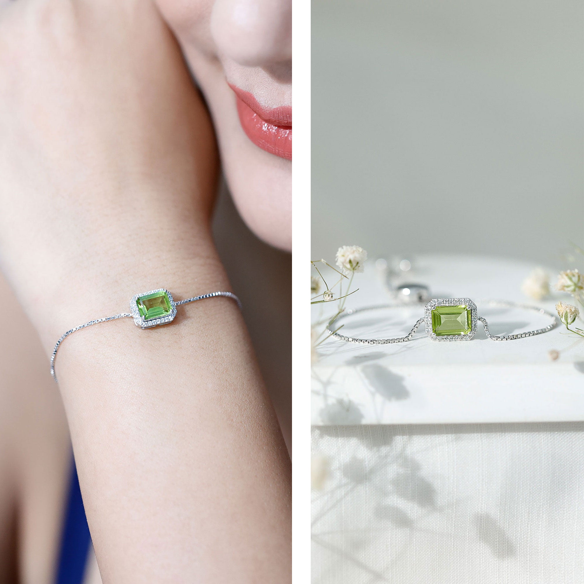 2 CT Emerald Cut Peridot and Diamond Bolo Chain Bracelet