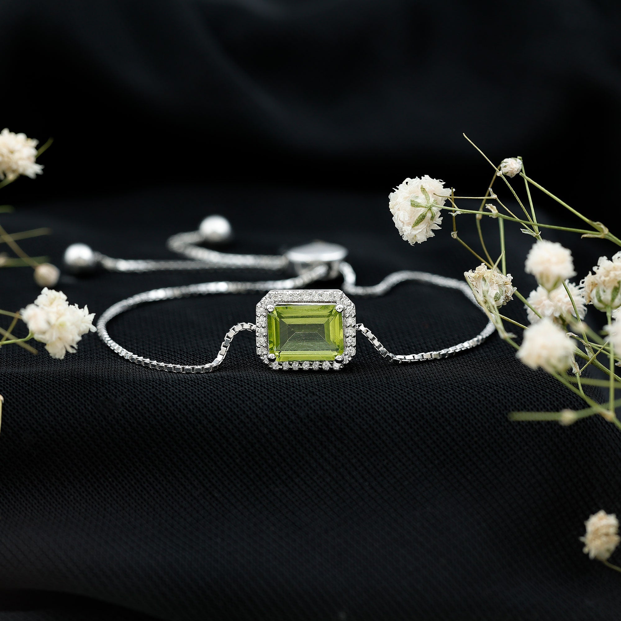 2 CT Emerald Cut Peridot and Diamond Bolo Chain Bracelet
