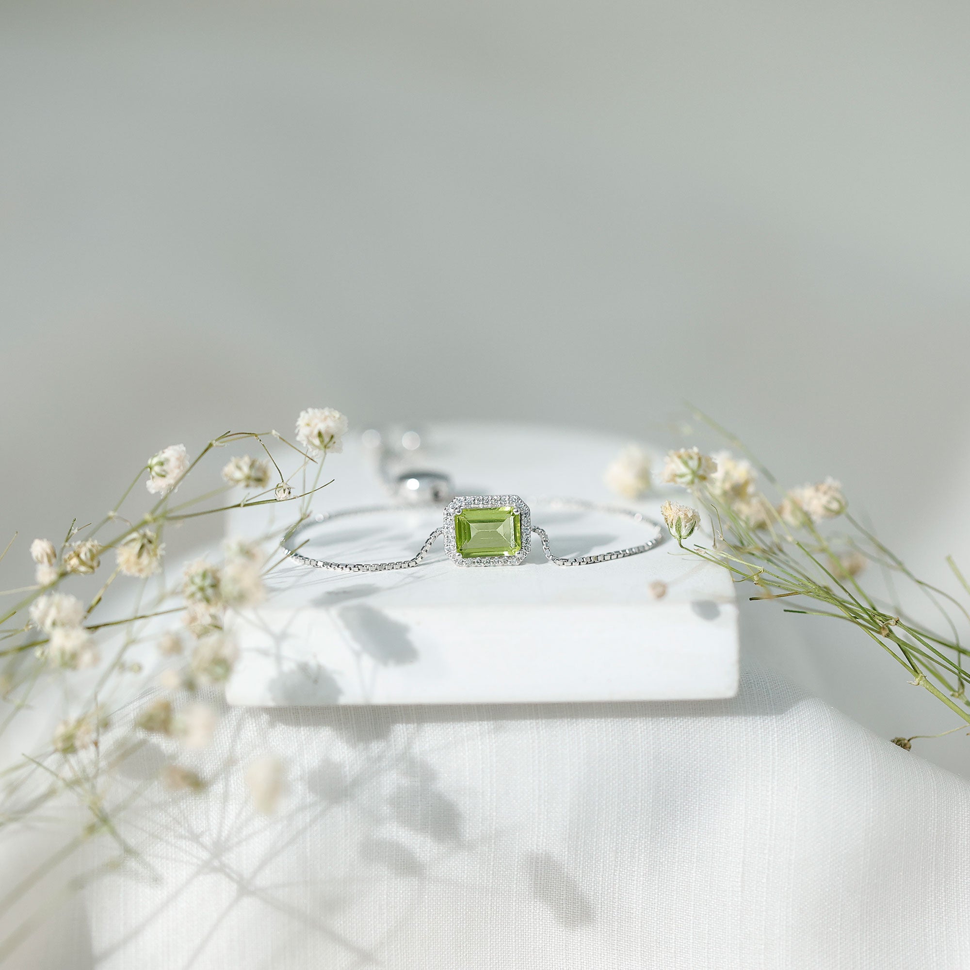 2 CT Emerald Cut Peridot and Diamond Bolo Chain Bracelet