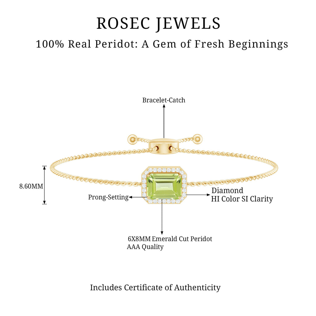 2 CT Emerald Cut Peridot and Diamond Bolo Chain Bracelet