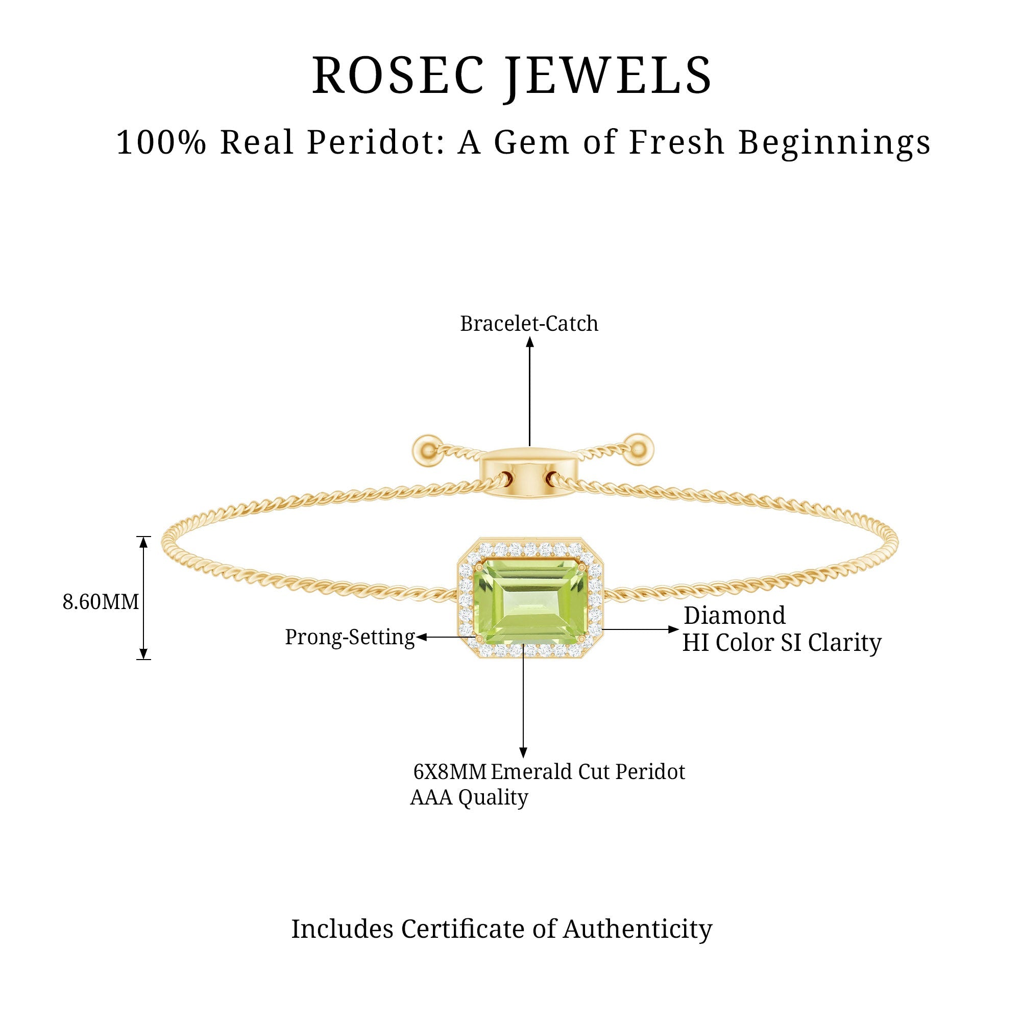 2 CT Emerald Cut Peridot and Diamond Bolo Chain Bracelet