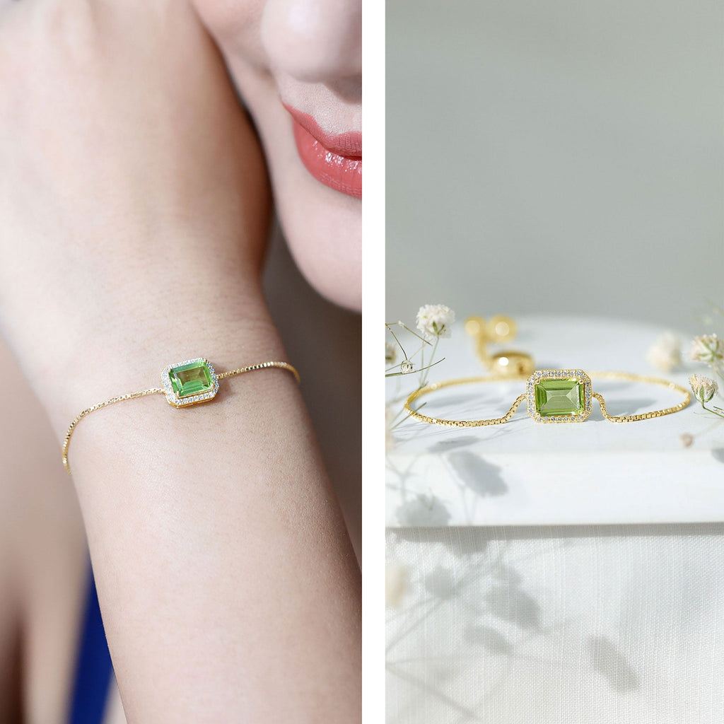 2 CT Emerald Cut Peridot and Diamond Bolo Chain Bracelet
