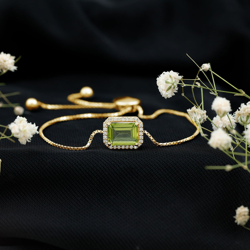 2 CT Emerald Cut Peridot and Diamond Bolo Chain Bracelet