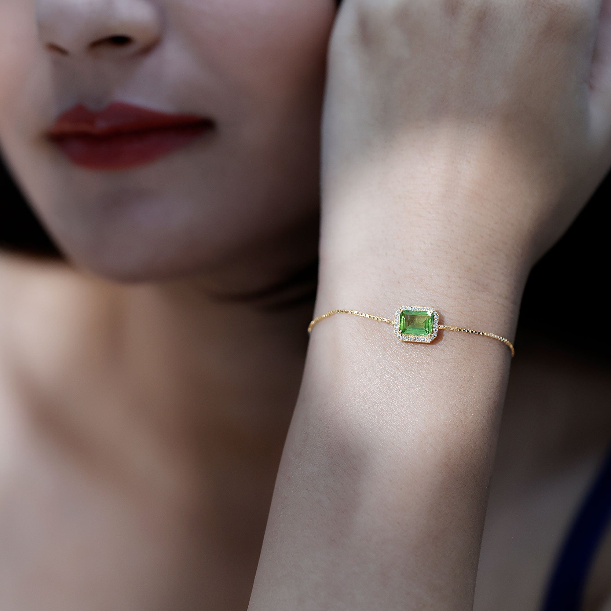 2 CT Emerald Cut Peridot and Diamond Bolo Chain Bracelet