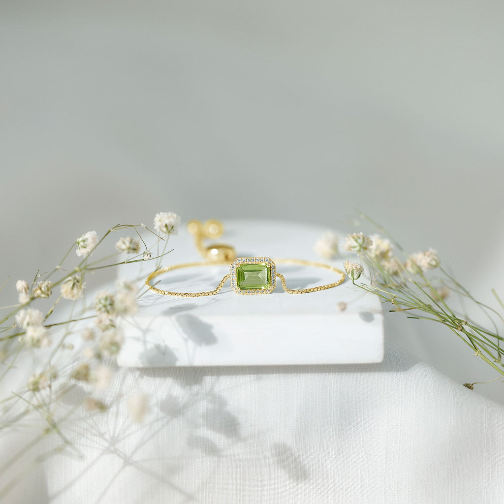 2 CT Emerald Cut Peridot and Diamond Bolo Chain Bracelet