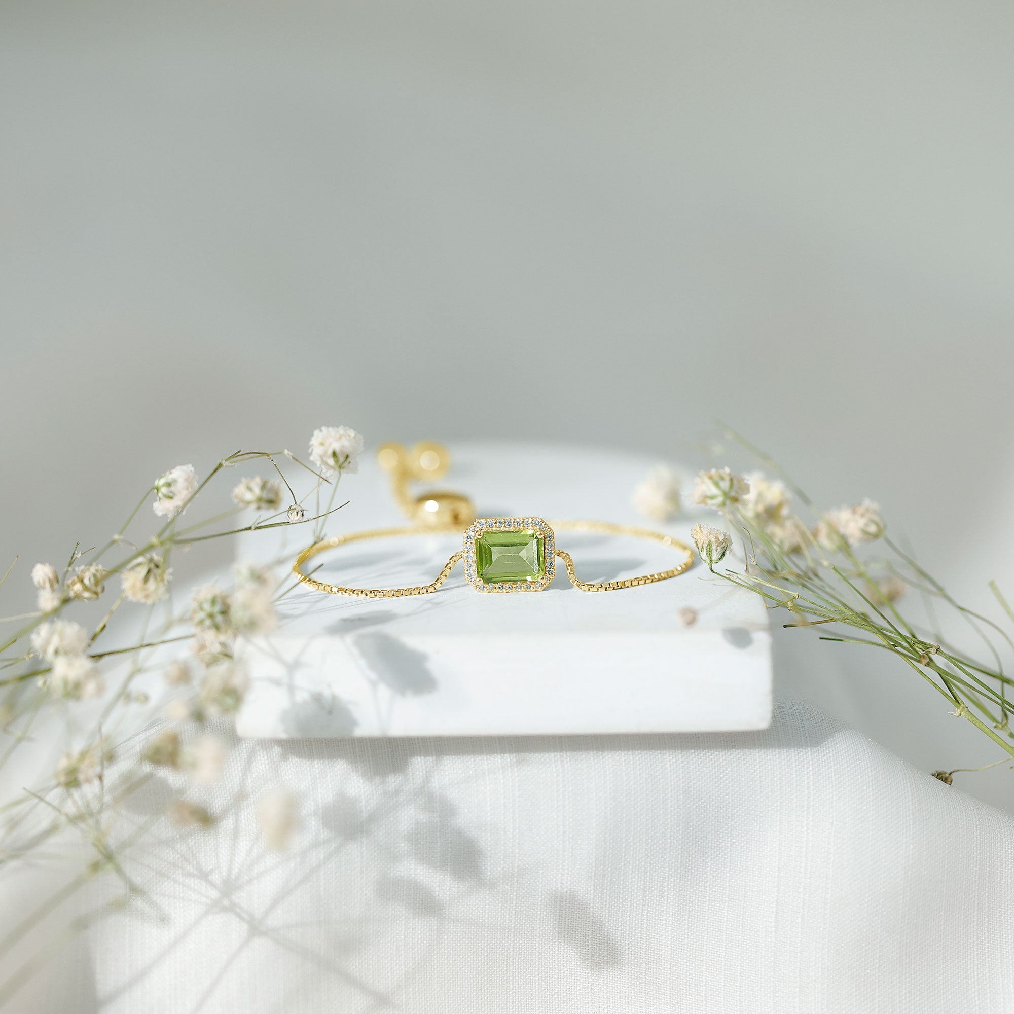 2 CT Emerald Cut Peridot and Diamond Bolo Chain Bracelet