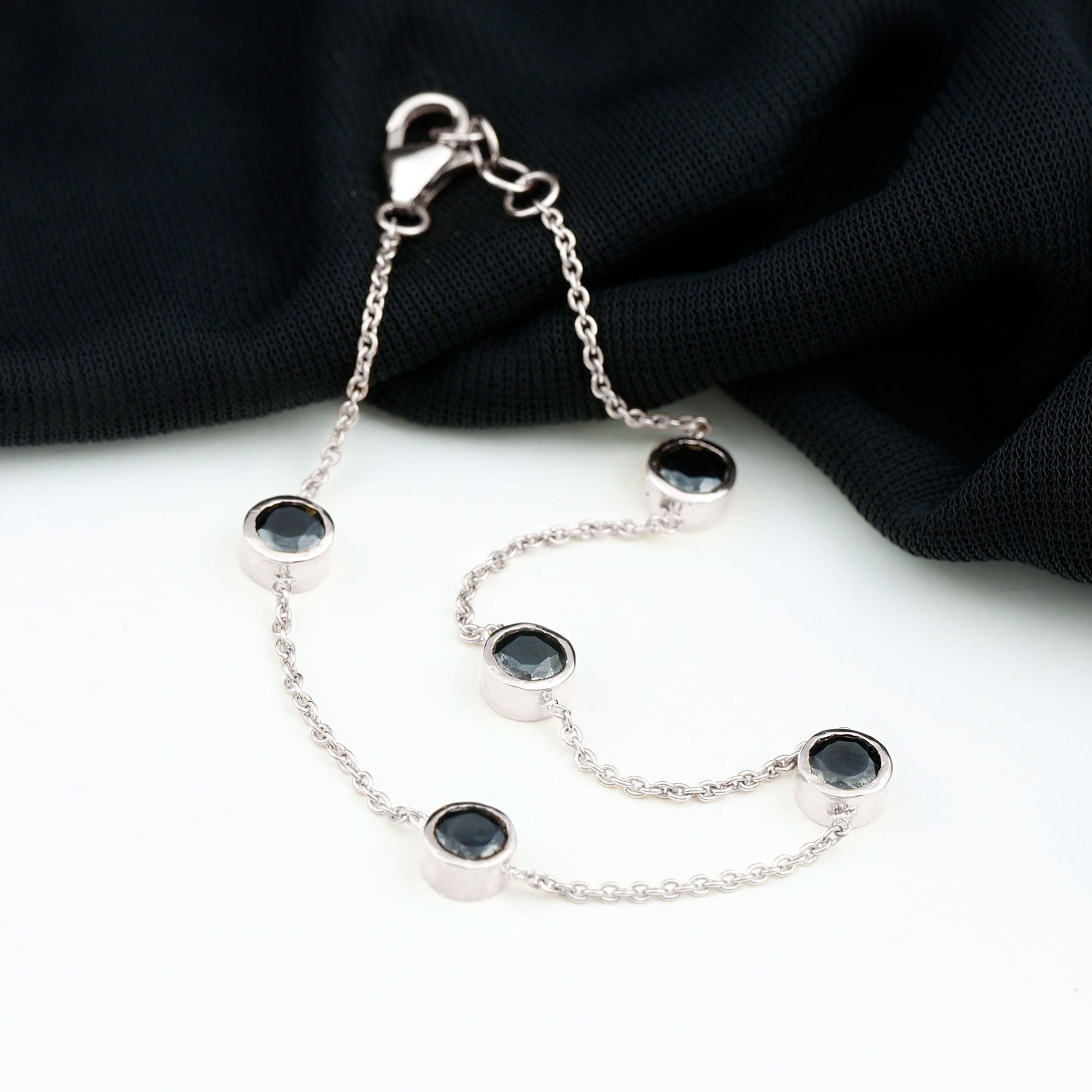 Black Onyx Station Chain Bracelet for Women