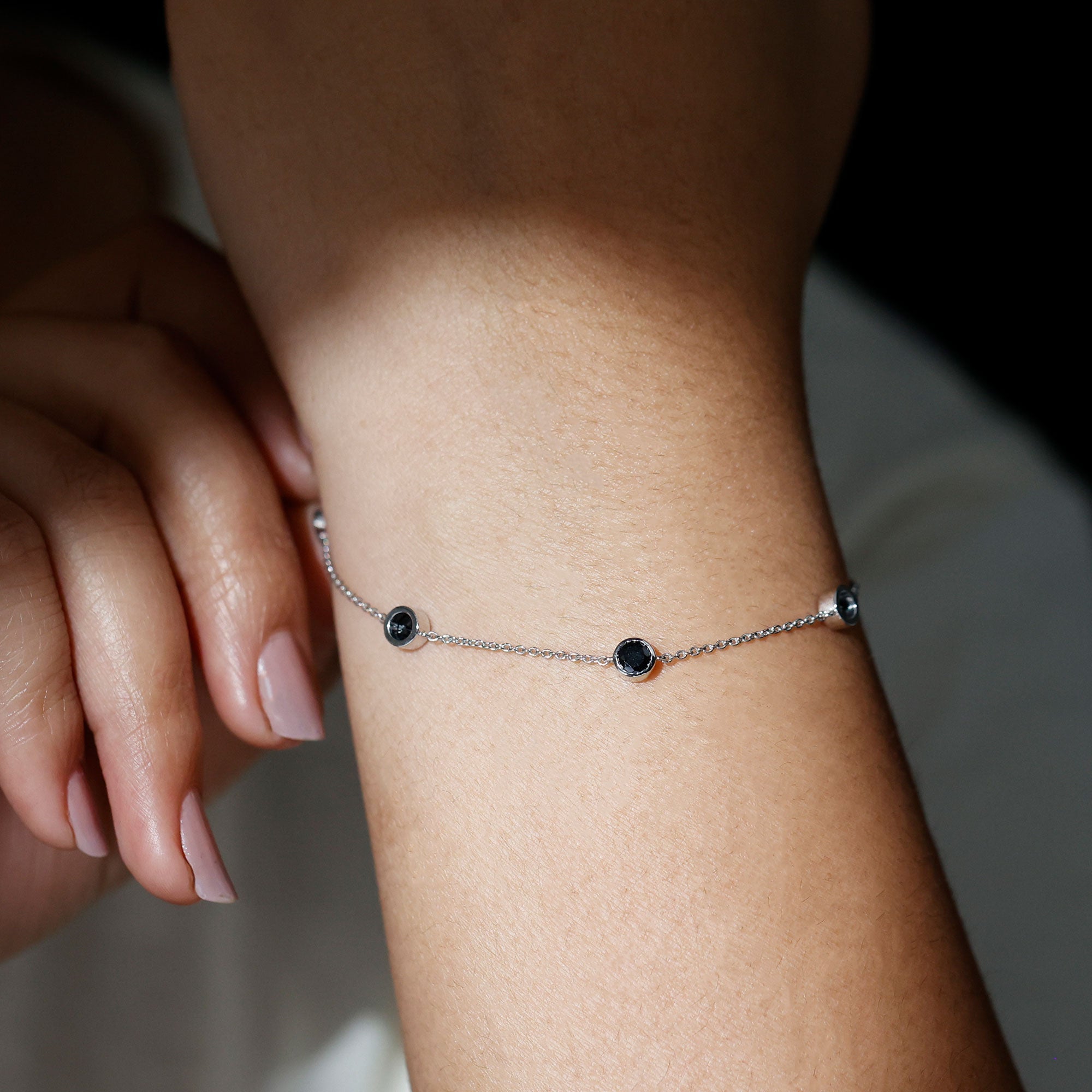 Black Onyx Station Chain Bracelet for Women