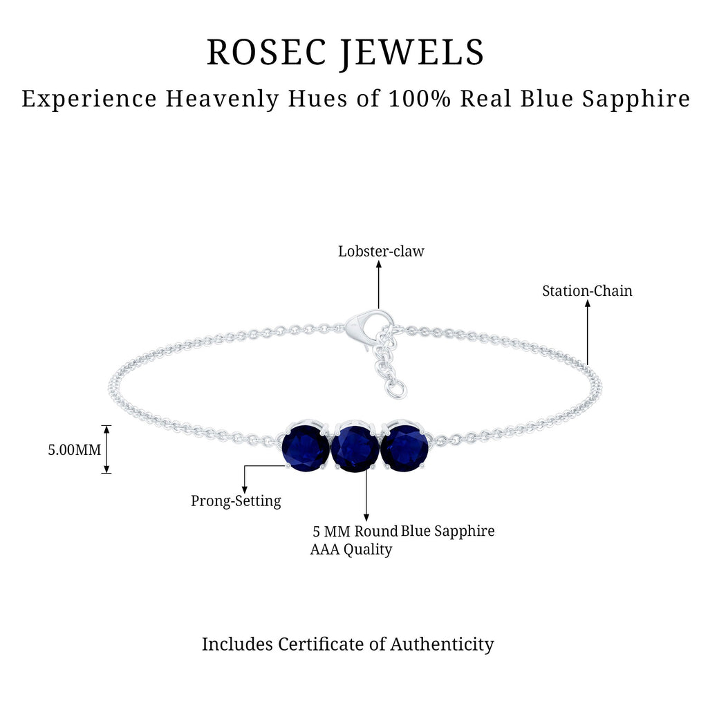 Natural 2.85 Carat Blue Sapphire Three Stone Chain Bracelet