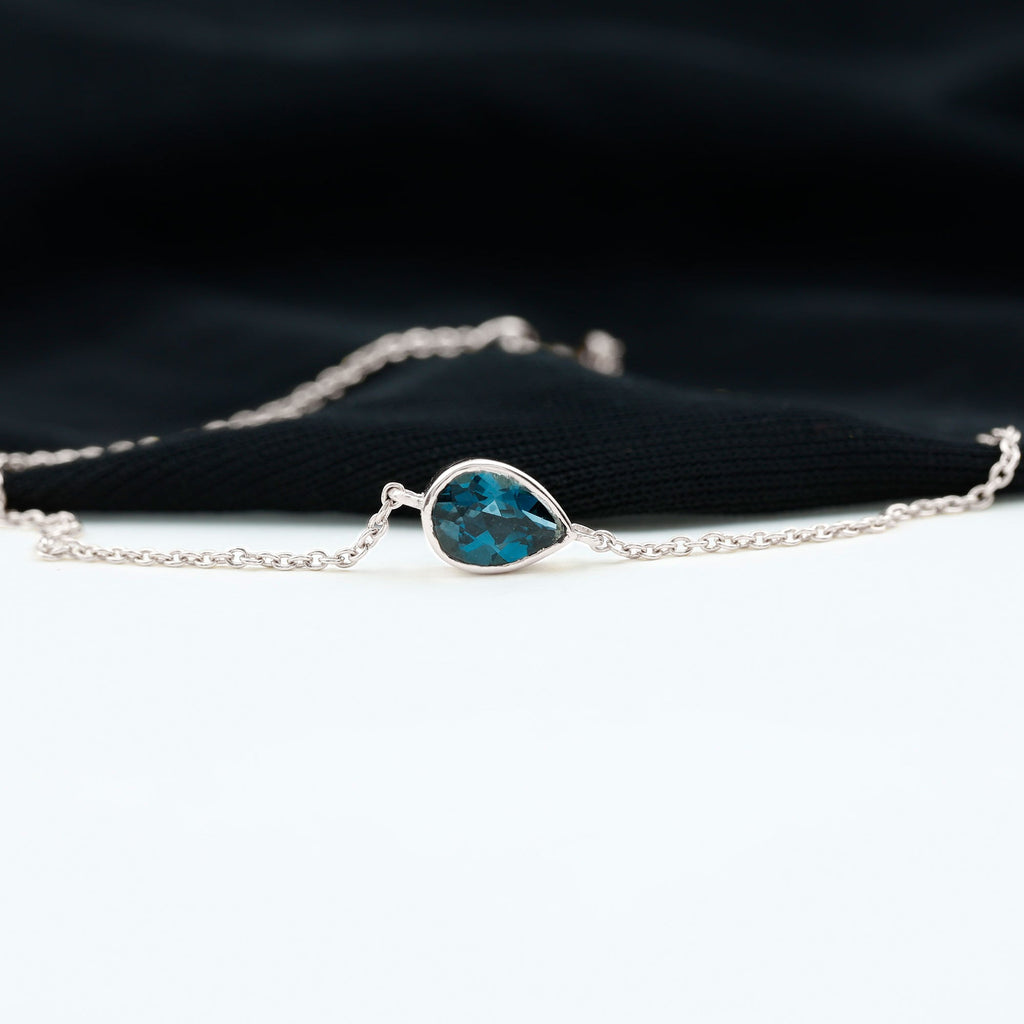 5X7MM Pear Cut London Blue Topaz Solitaire Chain Bracelet