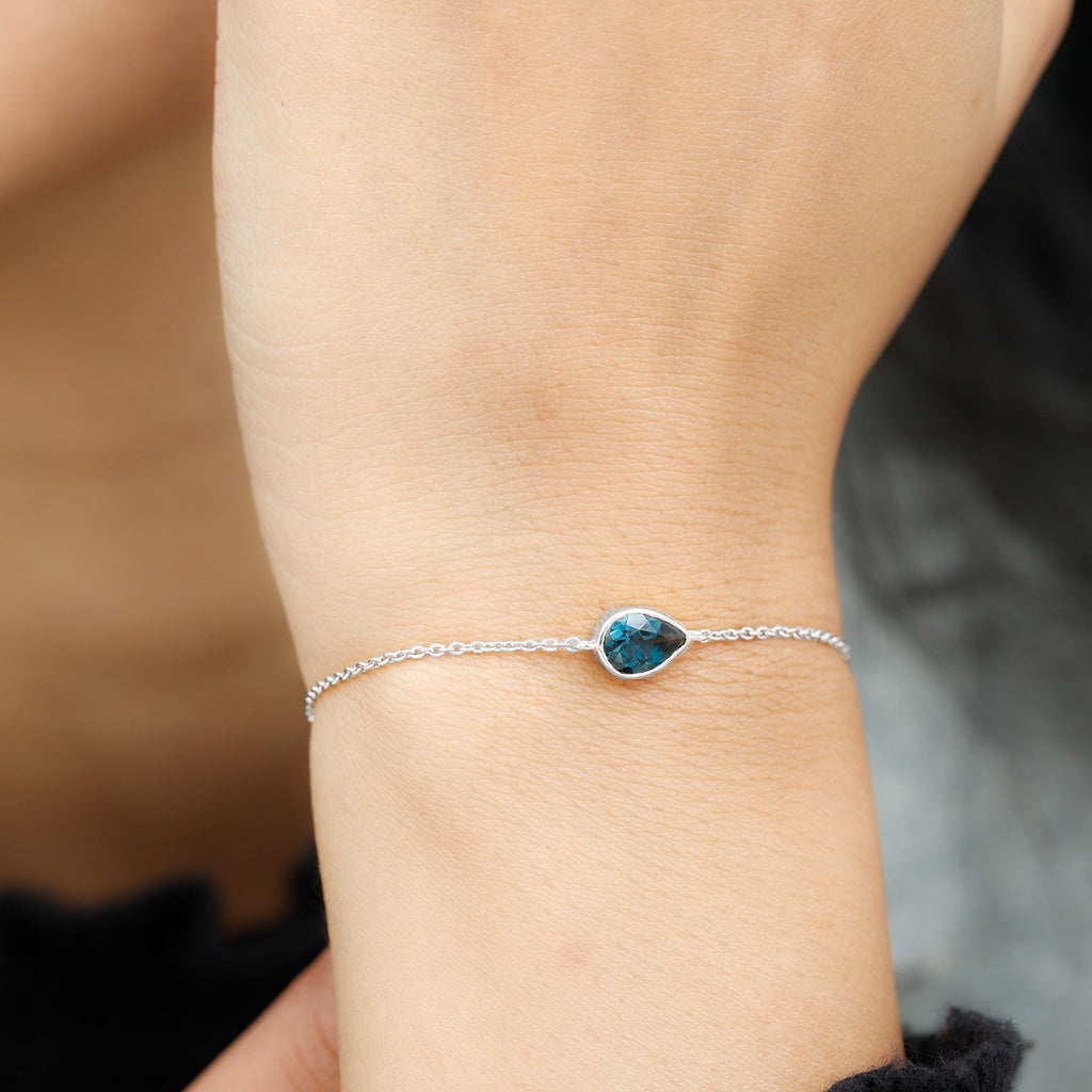 5X7MM Pear Cut London Blue Topaz Solitaire Chain Bracelet