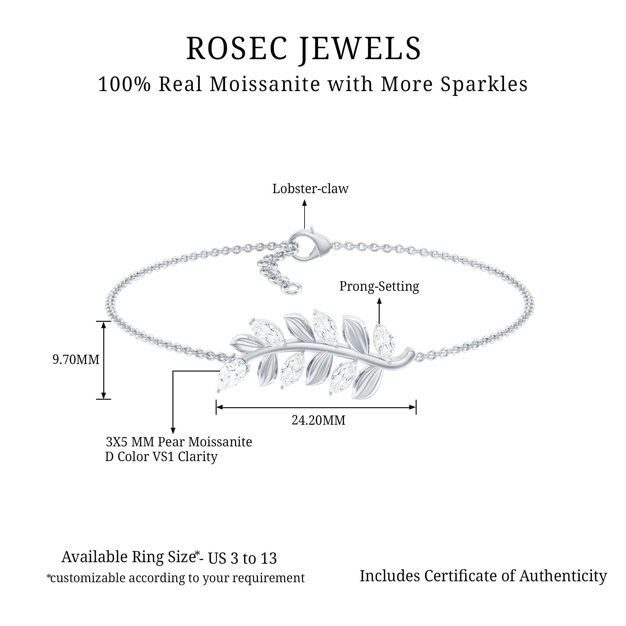 Certified Moissanite Leaf Chain Bracelet for Women