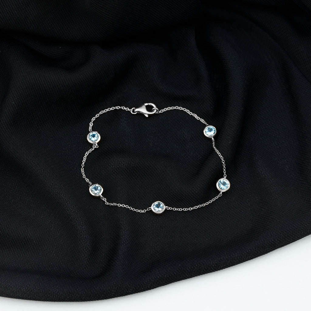 Real Aquamarine Station Chain Bracelet in Bezel Setting