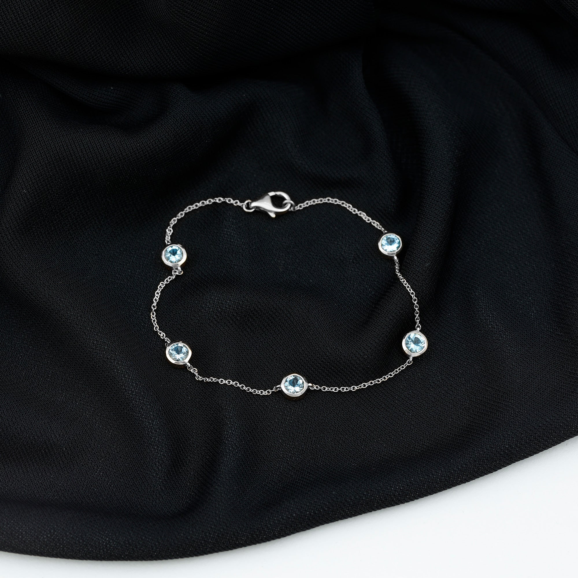 Real Aquamarine Station Chain Bracelet in Bezel Setting