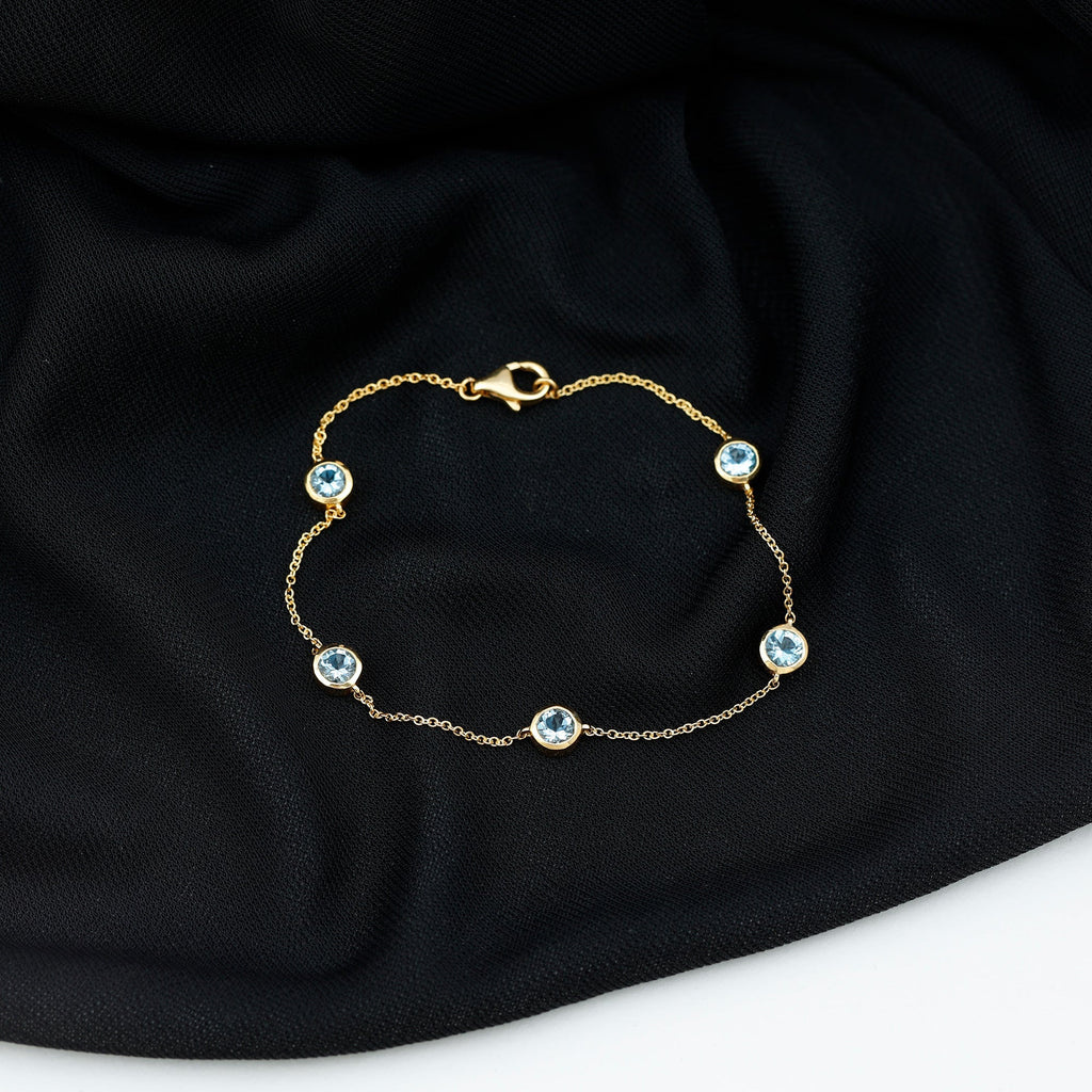 Real Aquamarine Station Chain Bracelet in Bezel Setting