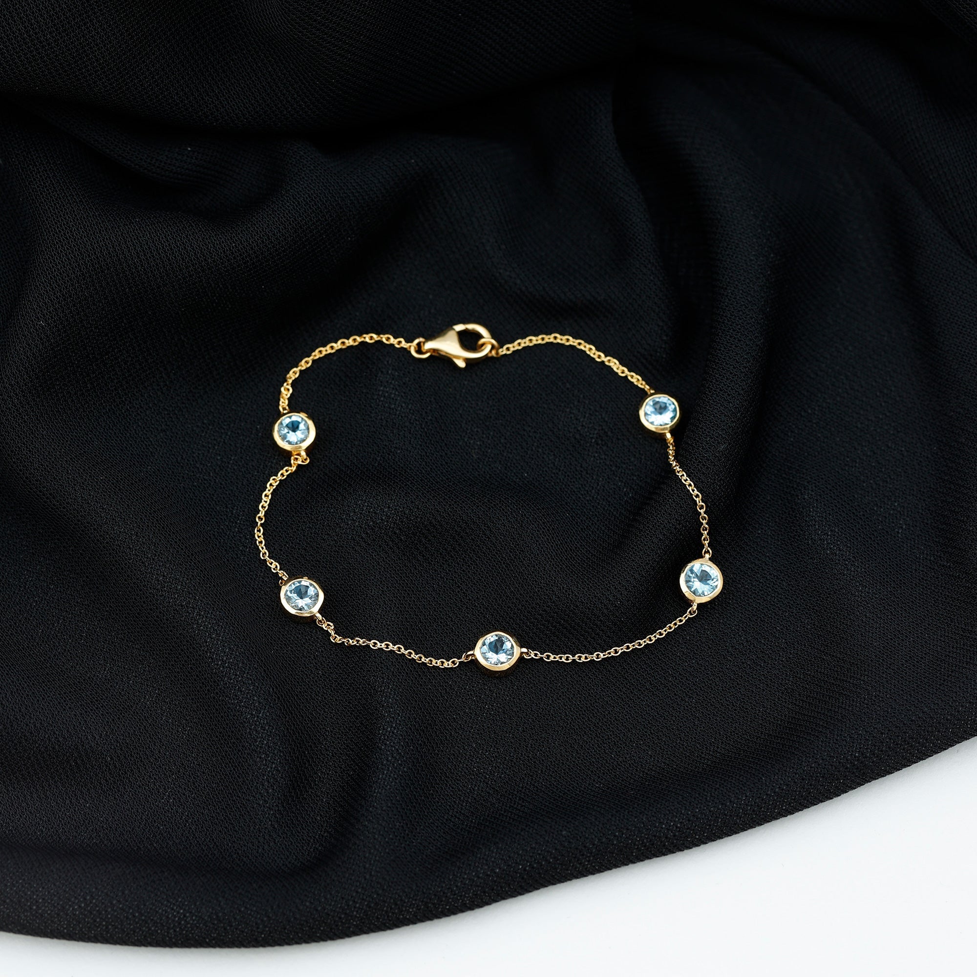 Real Aquamarine Station Chain Bracelet in Bezel Setting