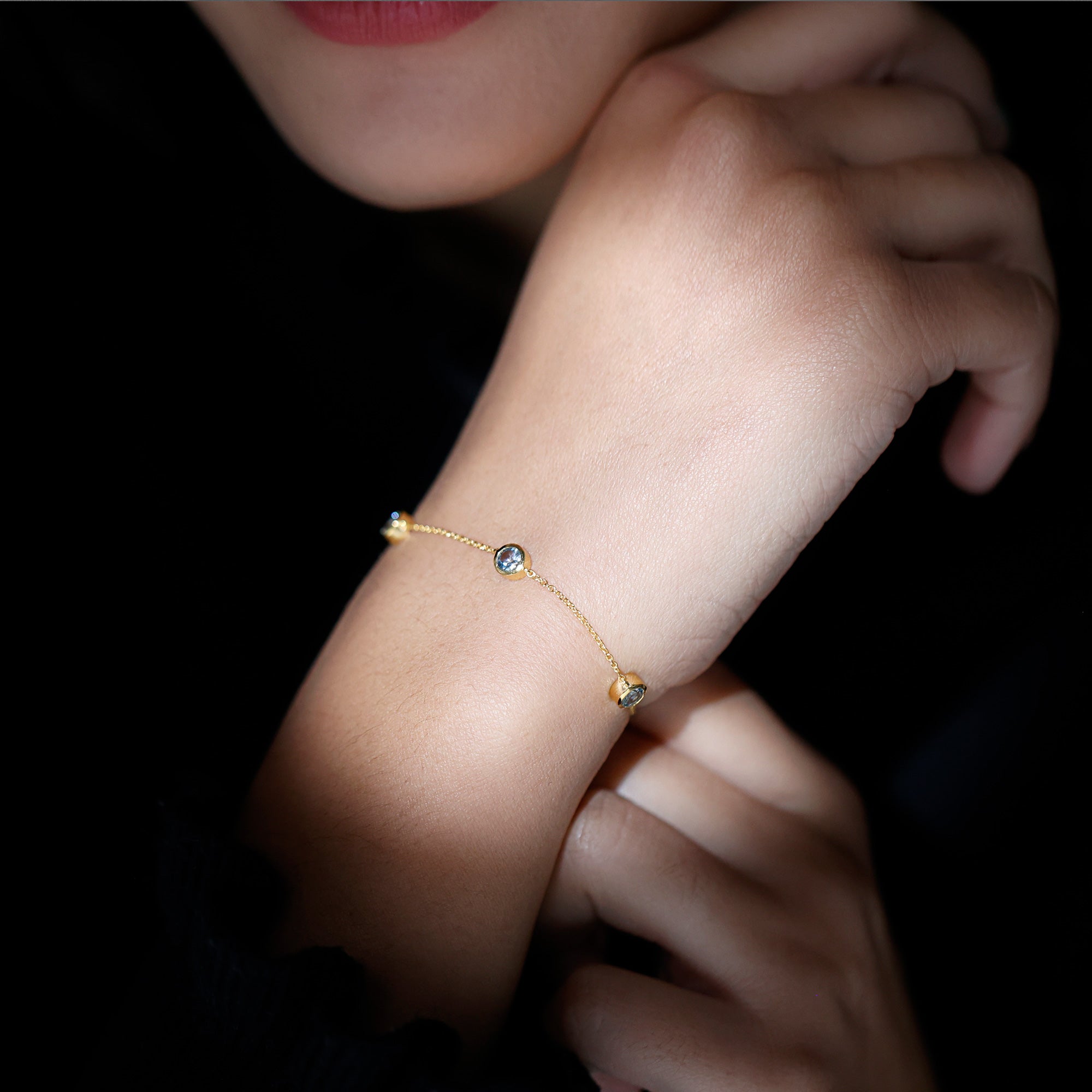 Real Aquamarine Station Chain Bracelet in Bezel Setting