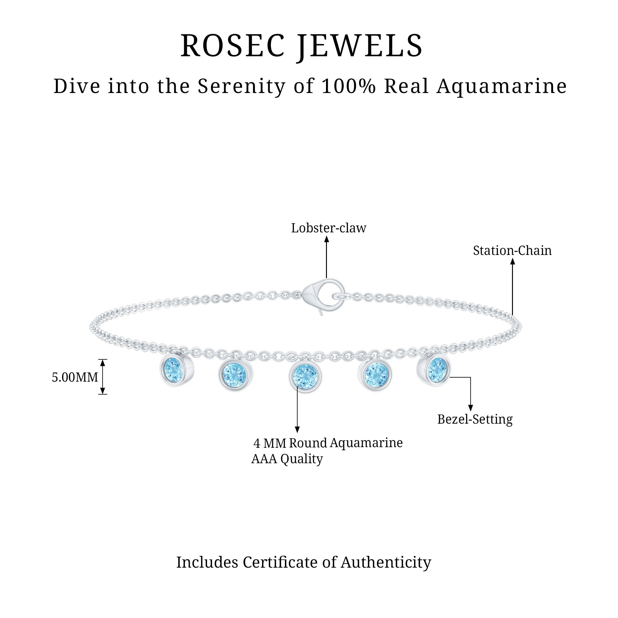 Bezel Set Aquamarine 5 Stone Chain Bracelet