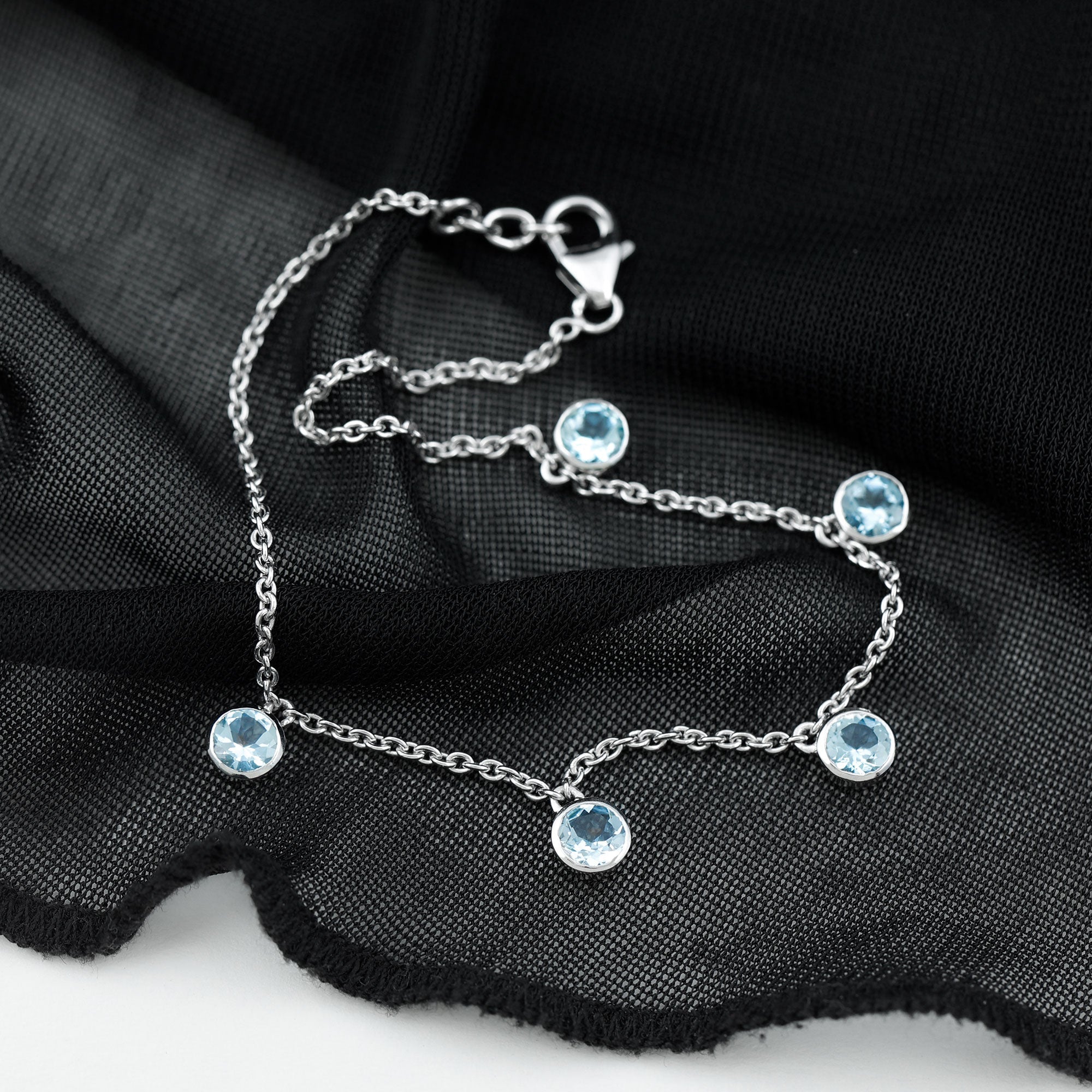 Bezel Set Aquamarine 5 Stone Chain Bracelet