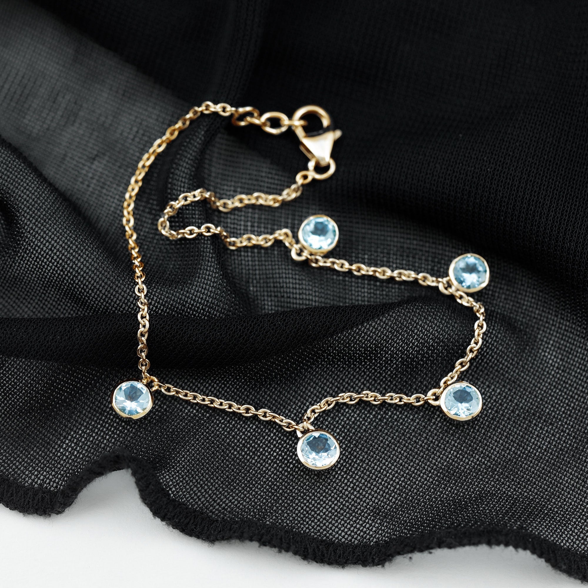 Bezel Set Aquamarine 5 Stone Chain Bracelet