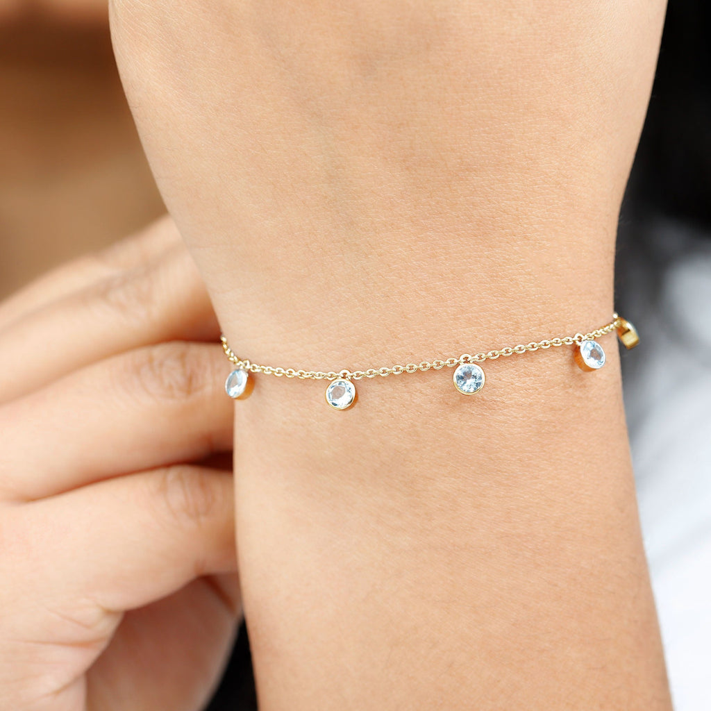 Bezel Set Aquamarine 5 Stone Chain Bracelet