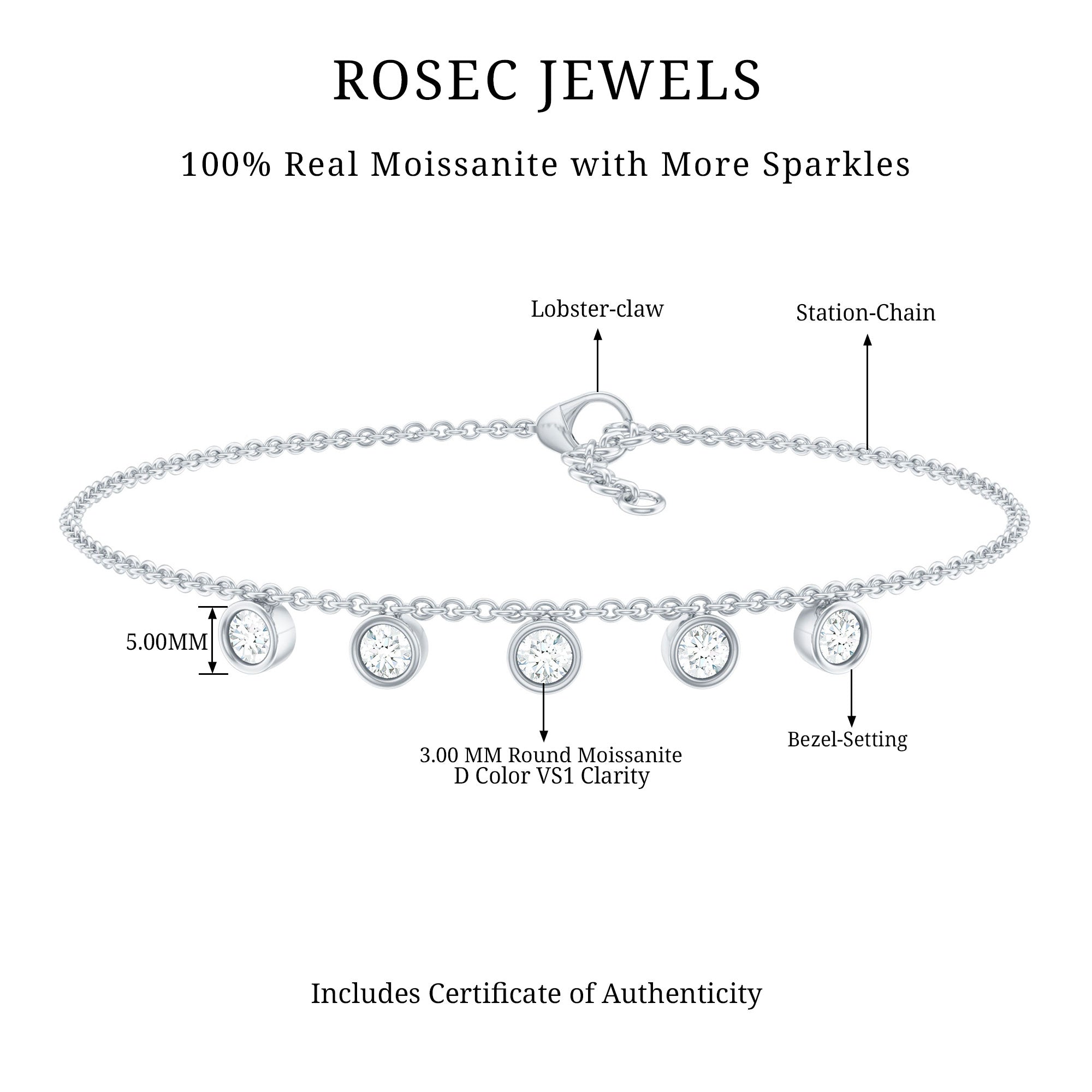 Certified Moissanite Five Stone Chain Charm Bracelet