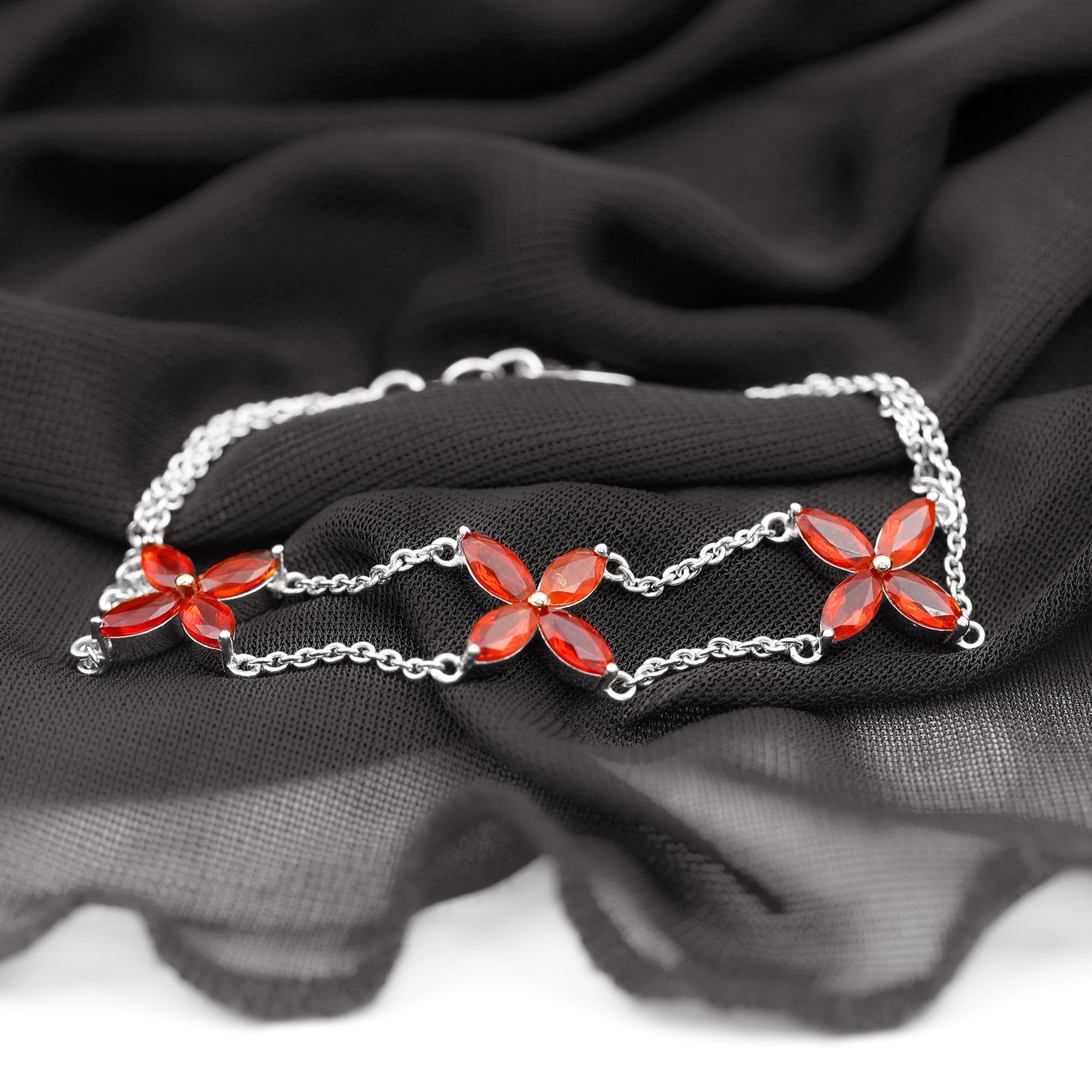 Marquise Cut Fire Opal Flower Chain Bracelet