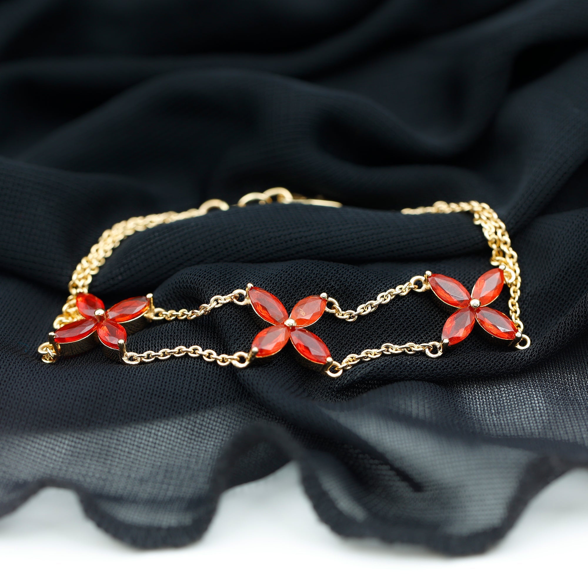 Marquise Cut Fire Opal Flower Chain Bracelet
