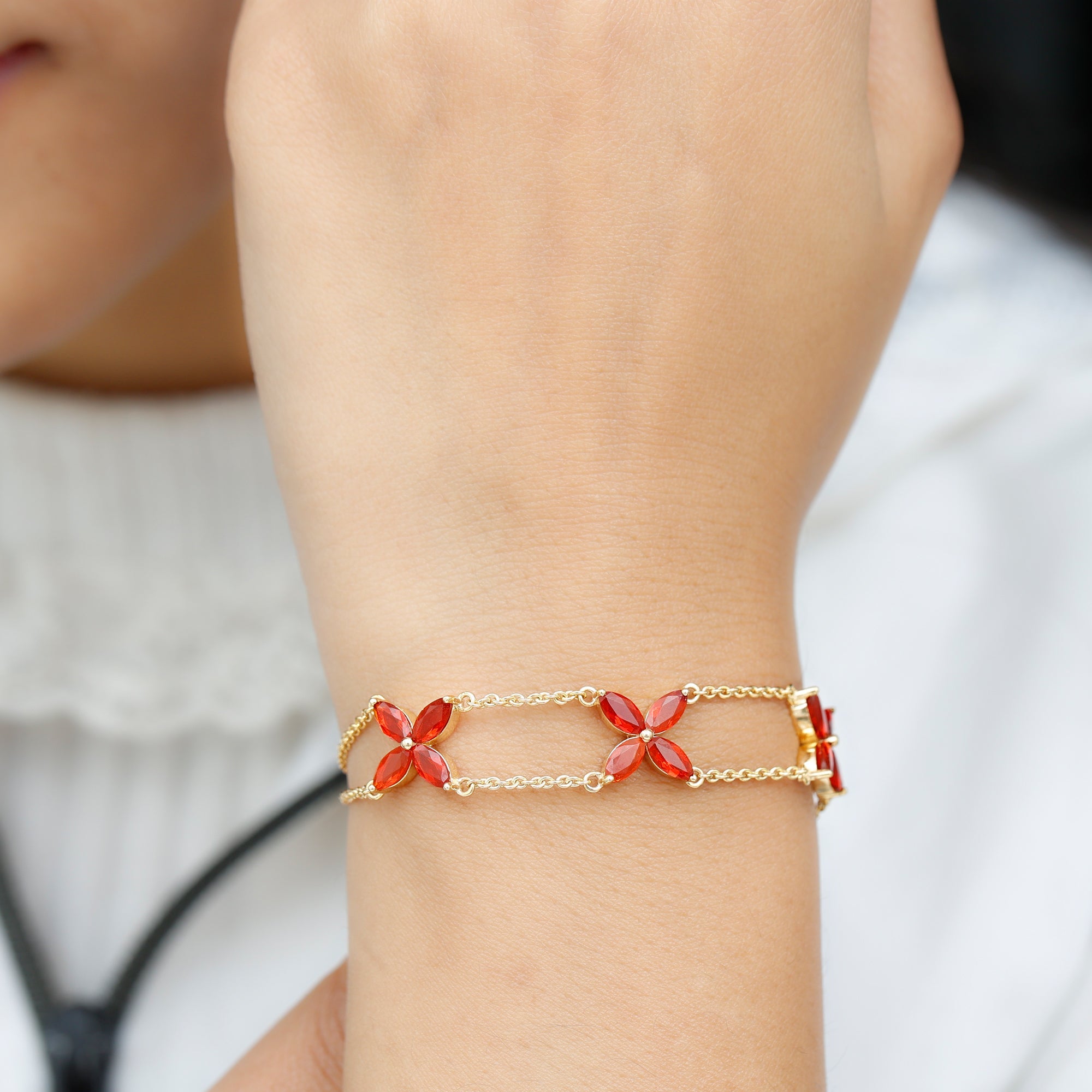 Marquise Cut Fire Opal Flower Chain Bracelet