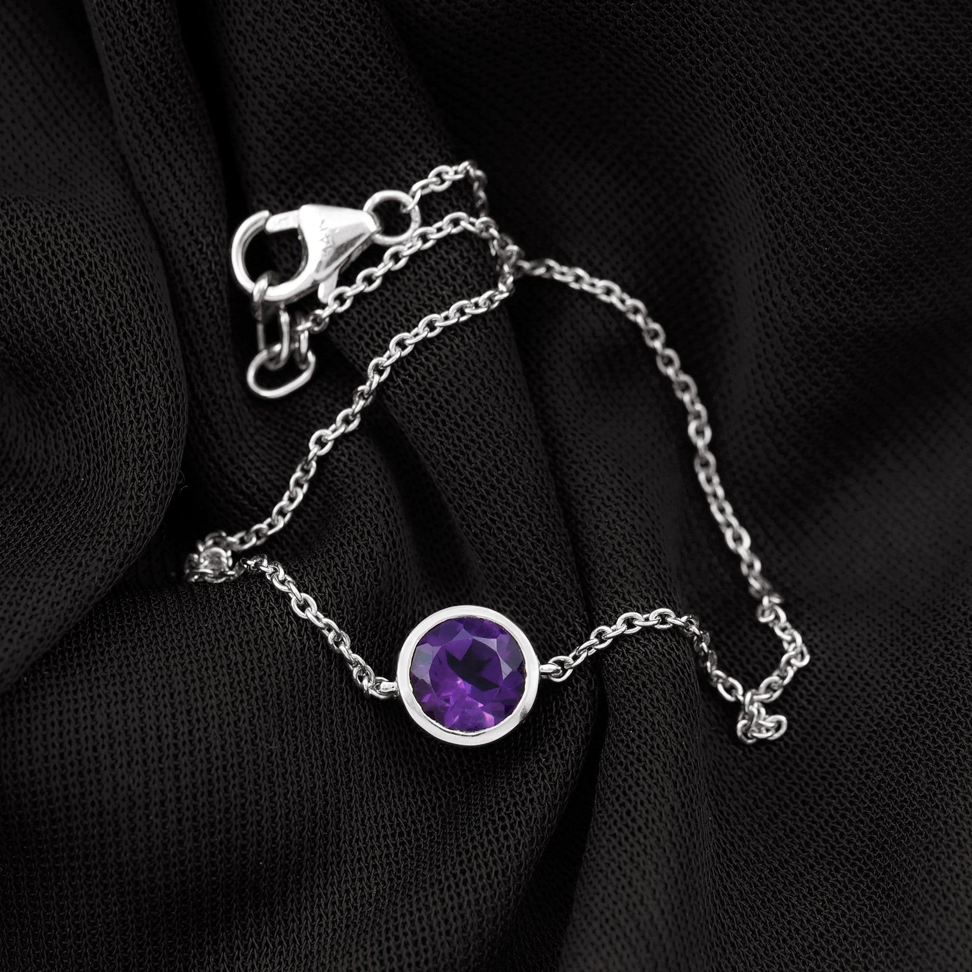 Genuine 7MM Amethyst Solitaire Chain Bracelet in Bezel Set
