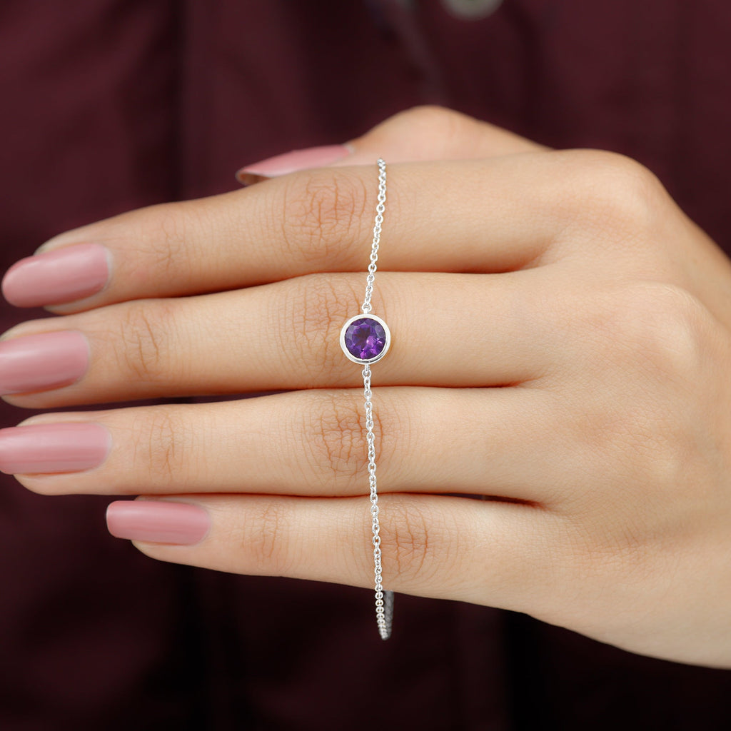 Genuine 7MM Amethyst Solitaire Chain Bracelet in Bezel Set