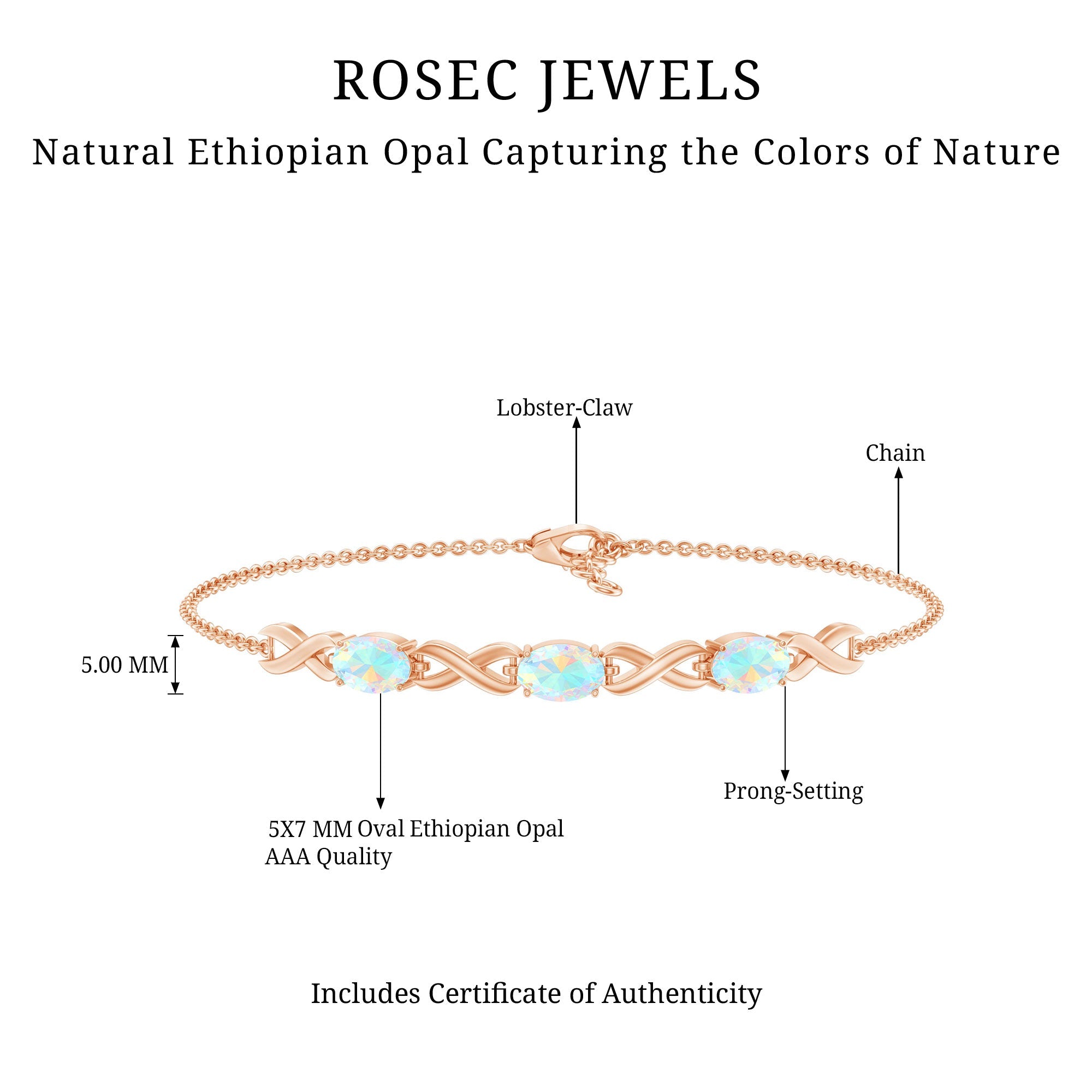 Infinity 3 Stone Chain Bracelet with Natural Ethiopian Opal